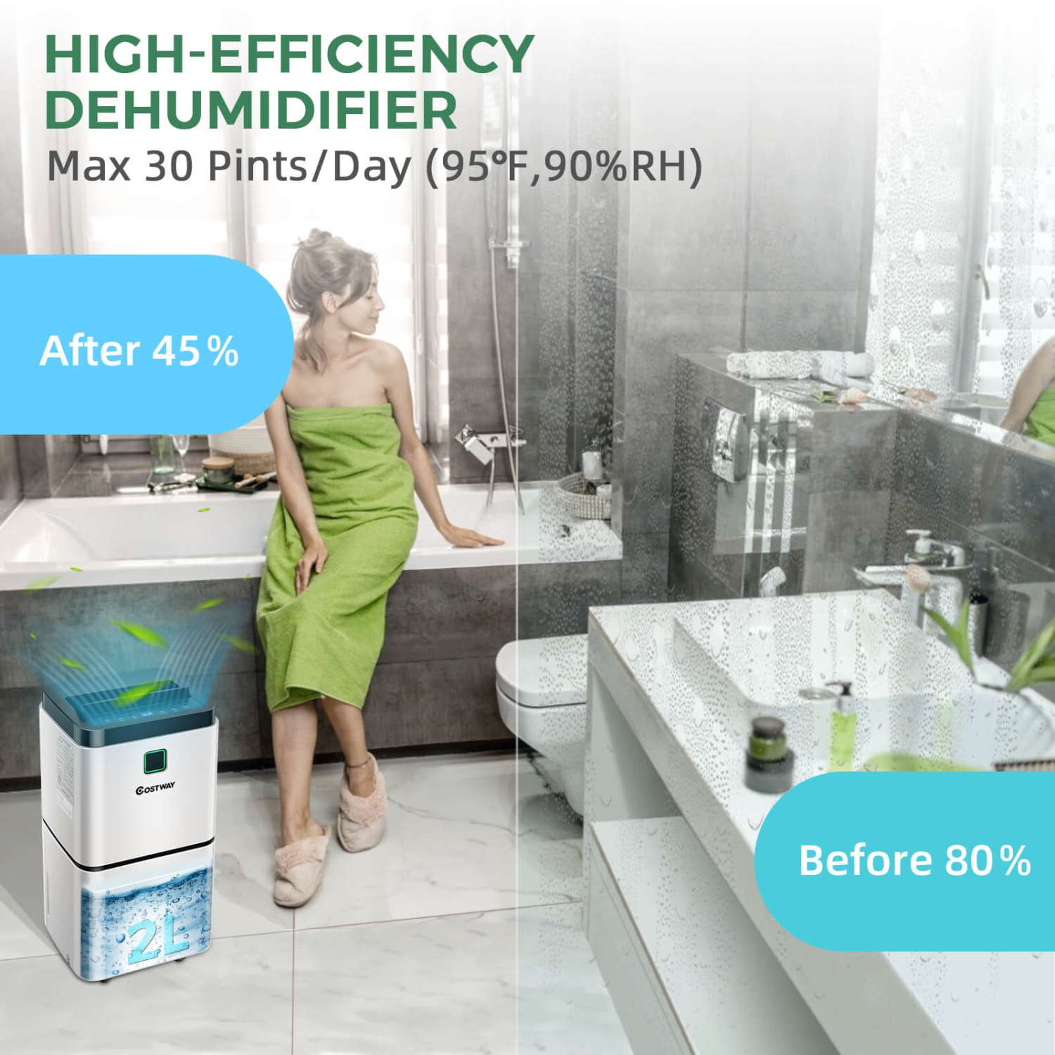 Costway, 30 chopines, 1500 pq. Déshumidificateur pour les pièces moyennes à grandes avec indicateur