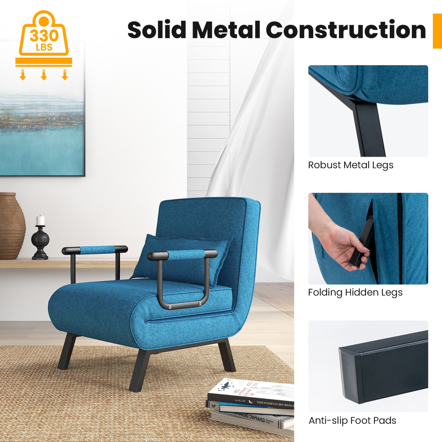 Canapé-lit transformable à 6 positions et chaise longue avec coussin de Costway, bleu