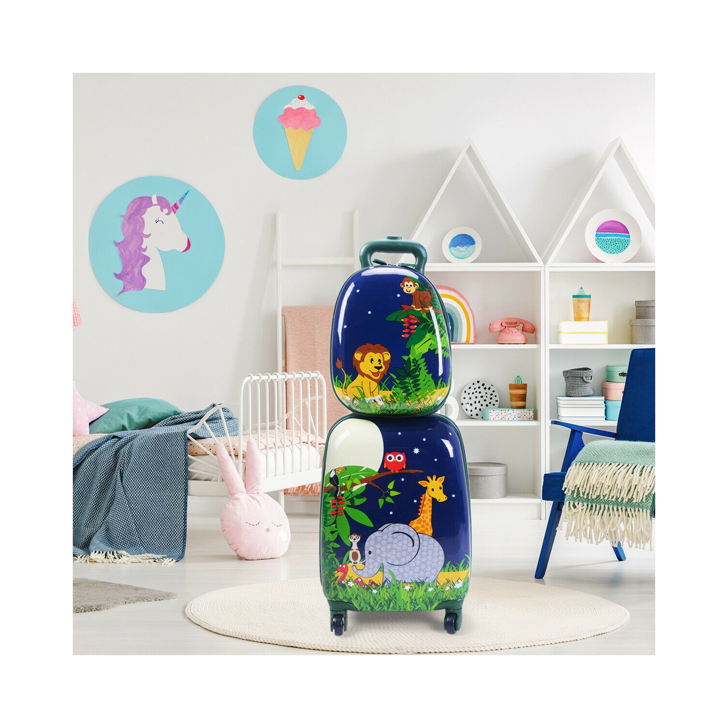 Costway 2Pc 12'' 16'' Kids Luggage Set Suitcase Backpack School Travel Trolley ABS pink\pink&light green\dark blue\light