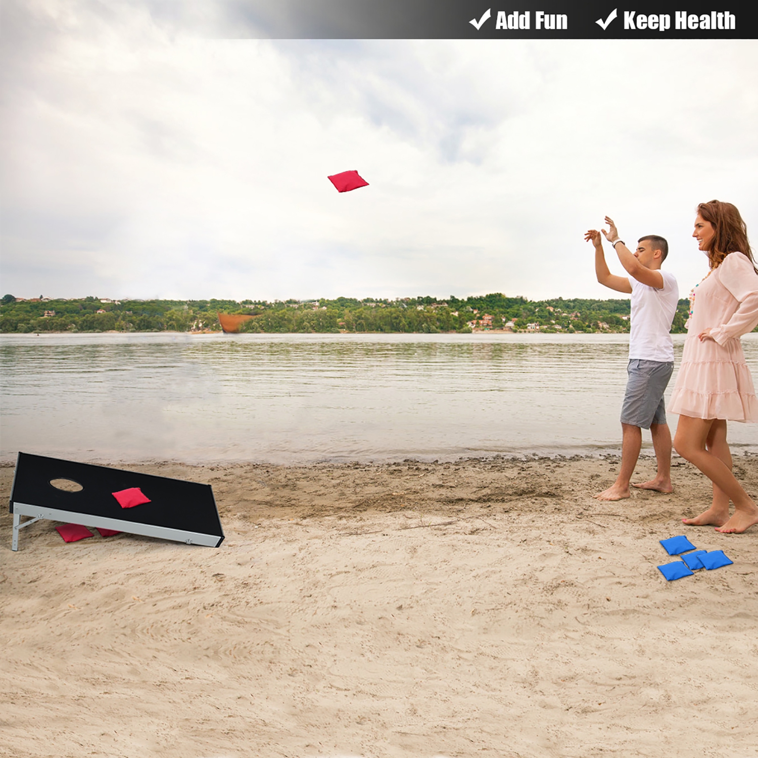 Ensemble de Jeu de Cornhole Costway, Jeu de Lancers de Bean Bags Pliable avec Sac de Transport