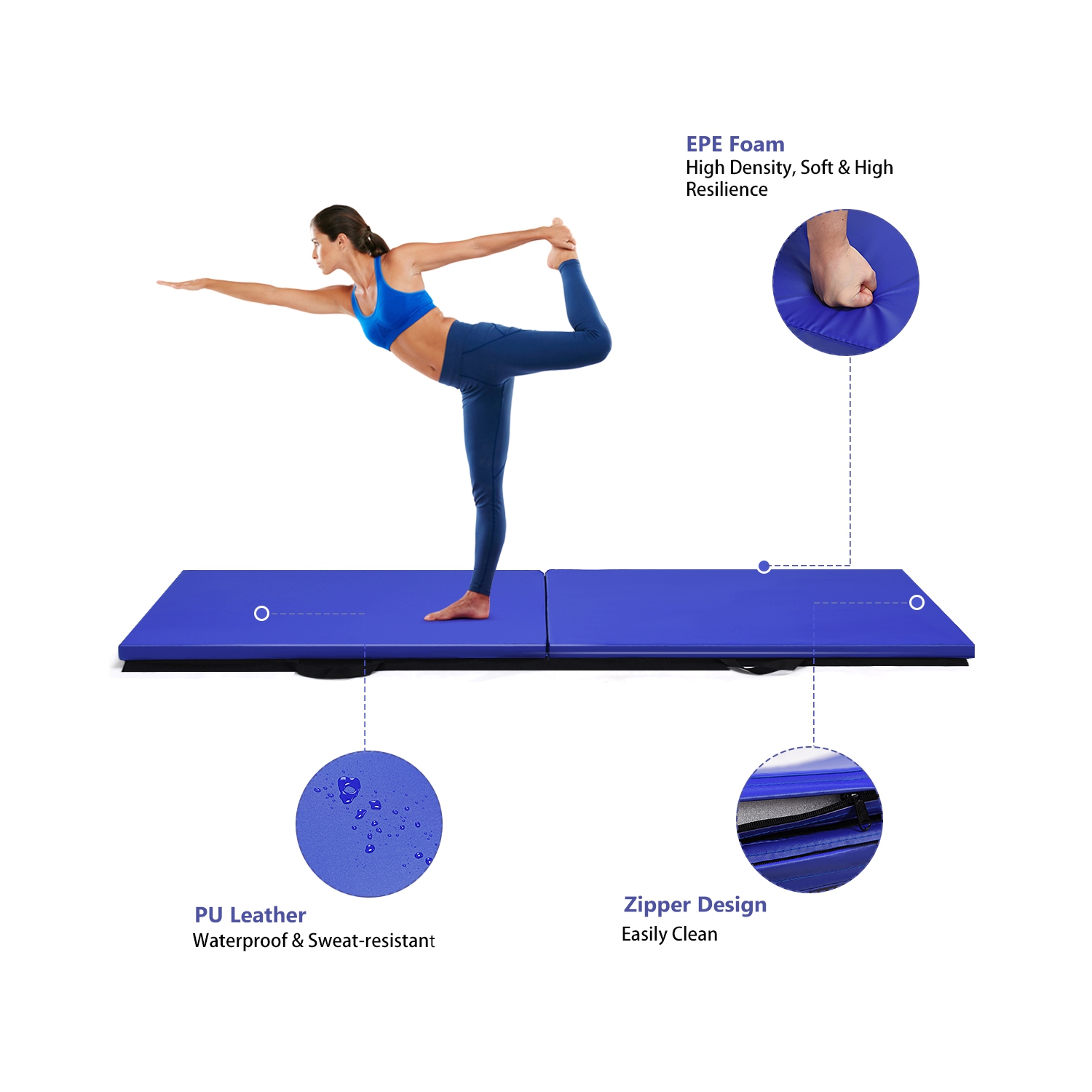 Costway 6'x2' Yoga Mat Folding Exercise Aerobics Stretch Gymnastic w/Handle Blue