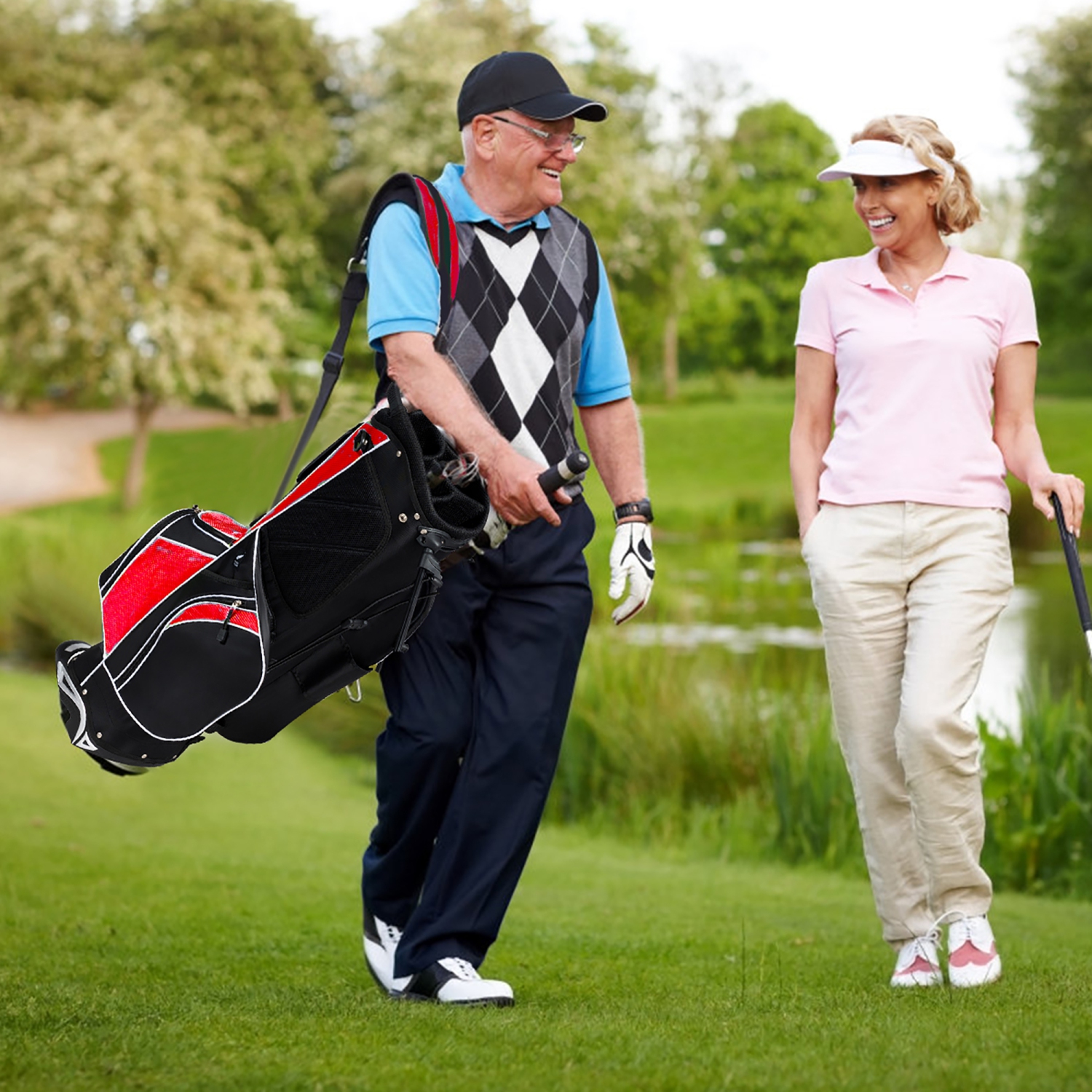 Costway Golf Stand Cart Bag Club w/6 Way Divider Carry Organizer Pockets Storage Red