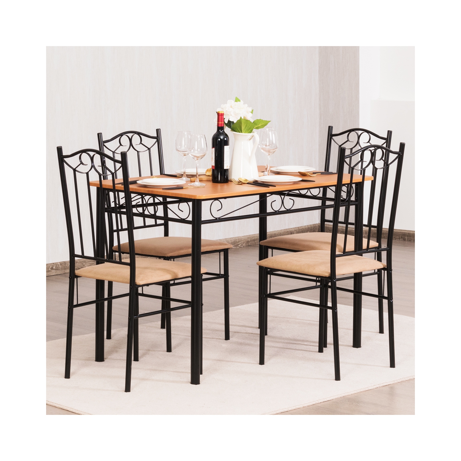 Costway 5 PC Dining Set Wood Metal Table and 4 Chairs Kitchen Breakfast Furniture New