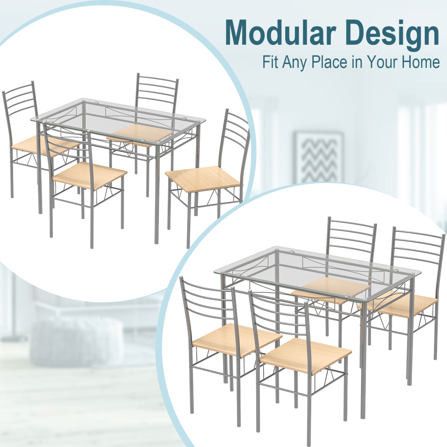 Ensemble de Table à Manger avec 4 Chaises et Plateau de Table en Verre pour Cuisine, Salle à Manger