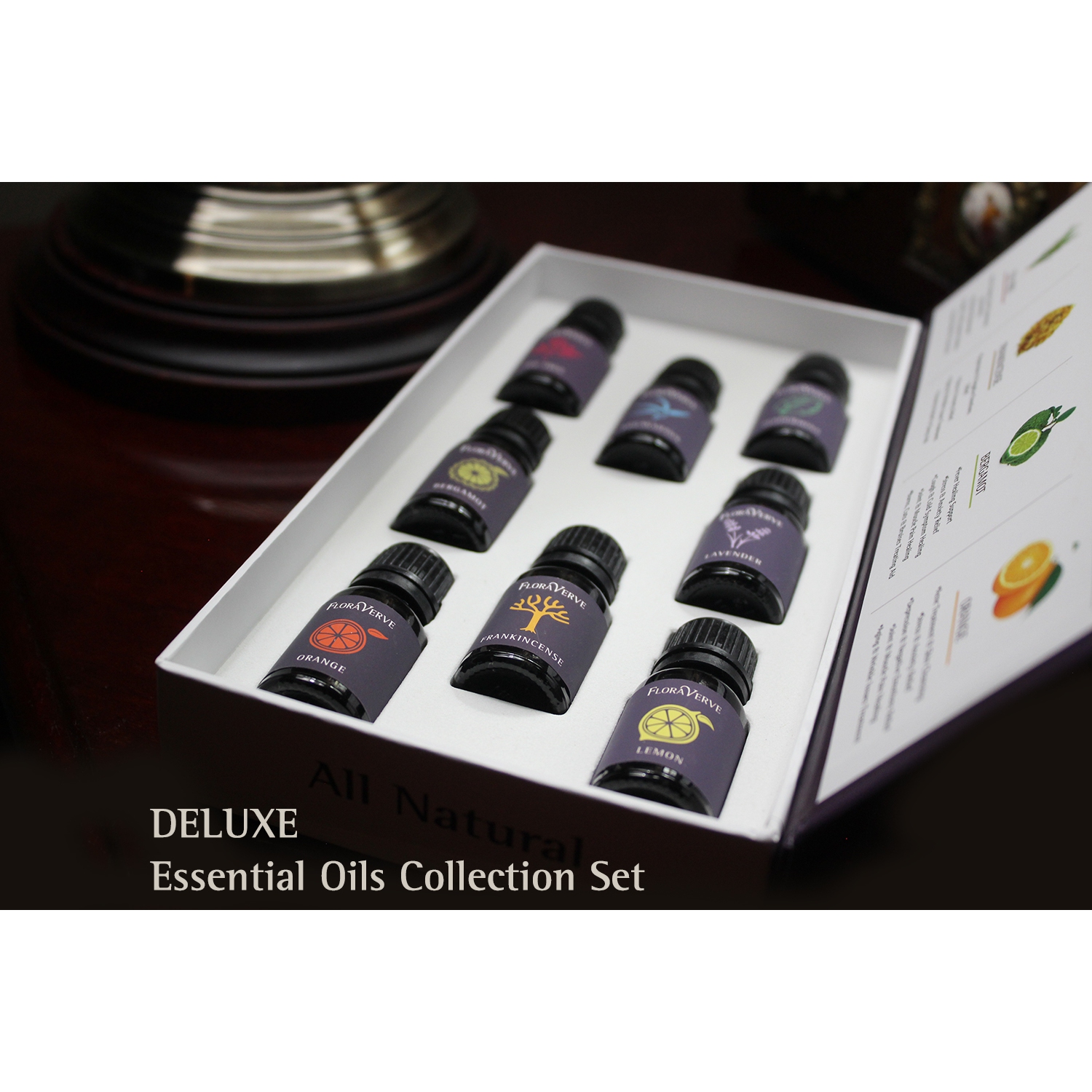 Floraverve Deluxe Essential Huiles, Ensemble de collection 8 senteurs naturel pour huiles essentielles aromathérapie naturelle - 8 x 10 ml