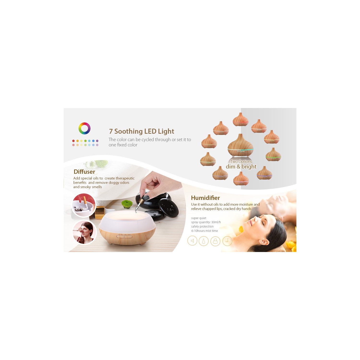 Diffuseur d’huiles essentielles arôme brun foncé, humidificateur ultrasonique à vapeur froide de 300 ml avec lumières à DEL changeant de couleur