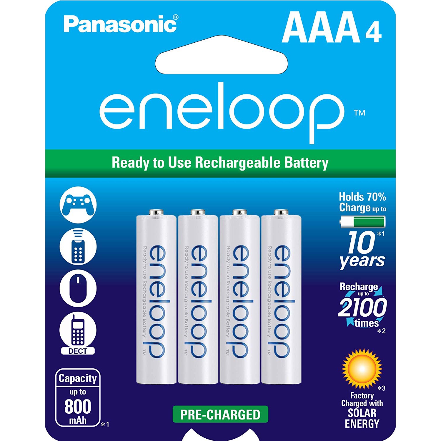 Panasonic BK-4MCCA4BA Eneloop AAA 2100 Cycle Ni-MH Pre-Charged Rechargeable Batteries, Pack of 4 - BK4MCCA4BF