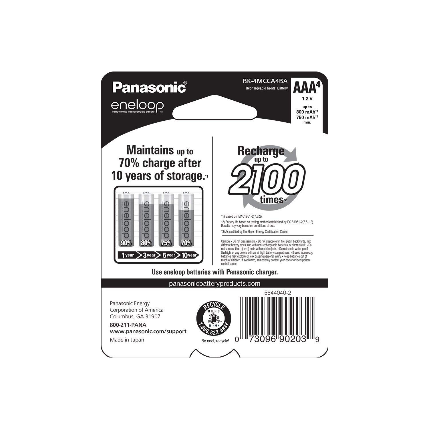 Panasonic BK-4MCCA4BA eneloop AAA 2100 Cycle Ni-MH Pre-Charged Rechargeable  Batteries, 4-Battery Pack : PANASONIC: Health & Household 