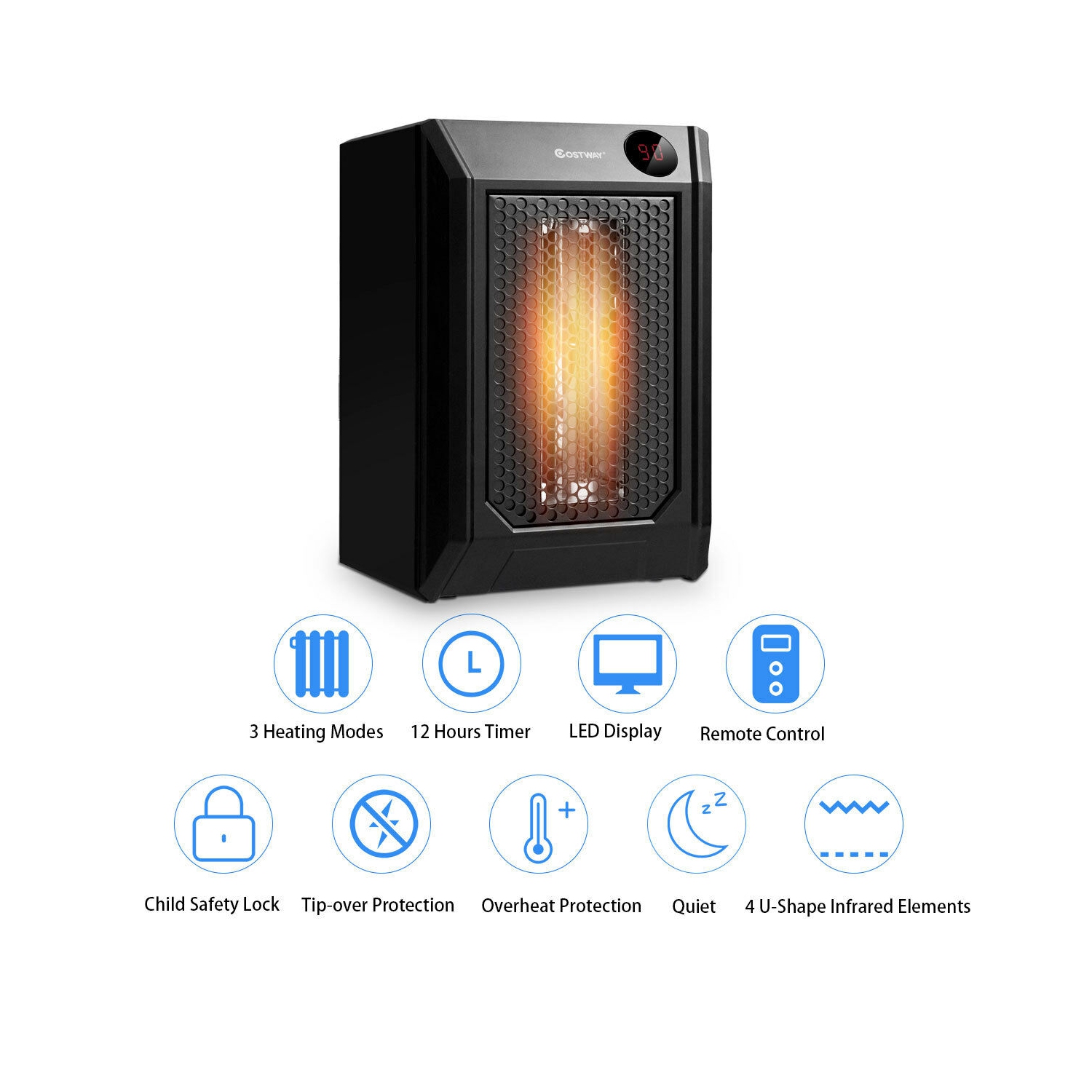 Chauffage électrique portable 1500W 12H Minuterie LED Salle de contrôle à distance Bureau