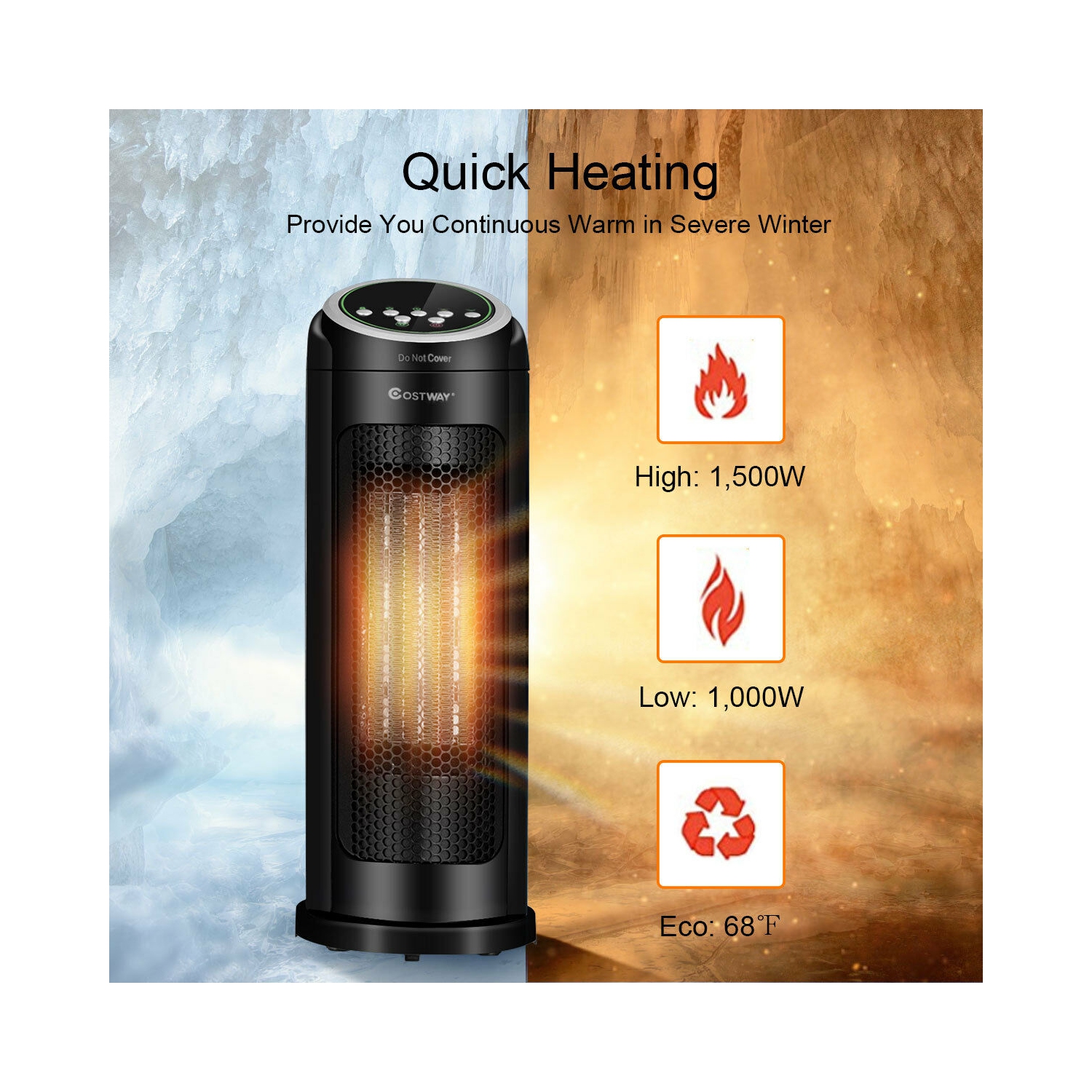 Costway Portable Oscillating PTC Ceramic Space Heater 1500W LED 12H Timer Remote Control