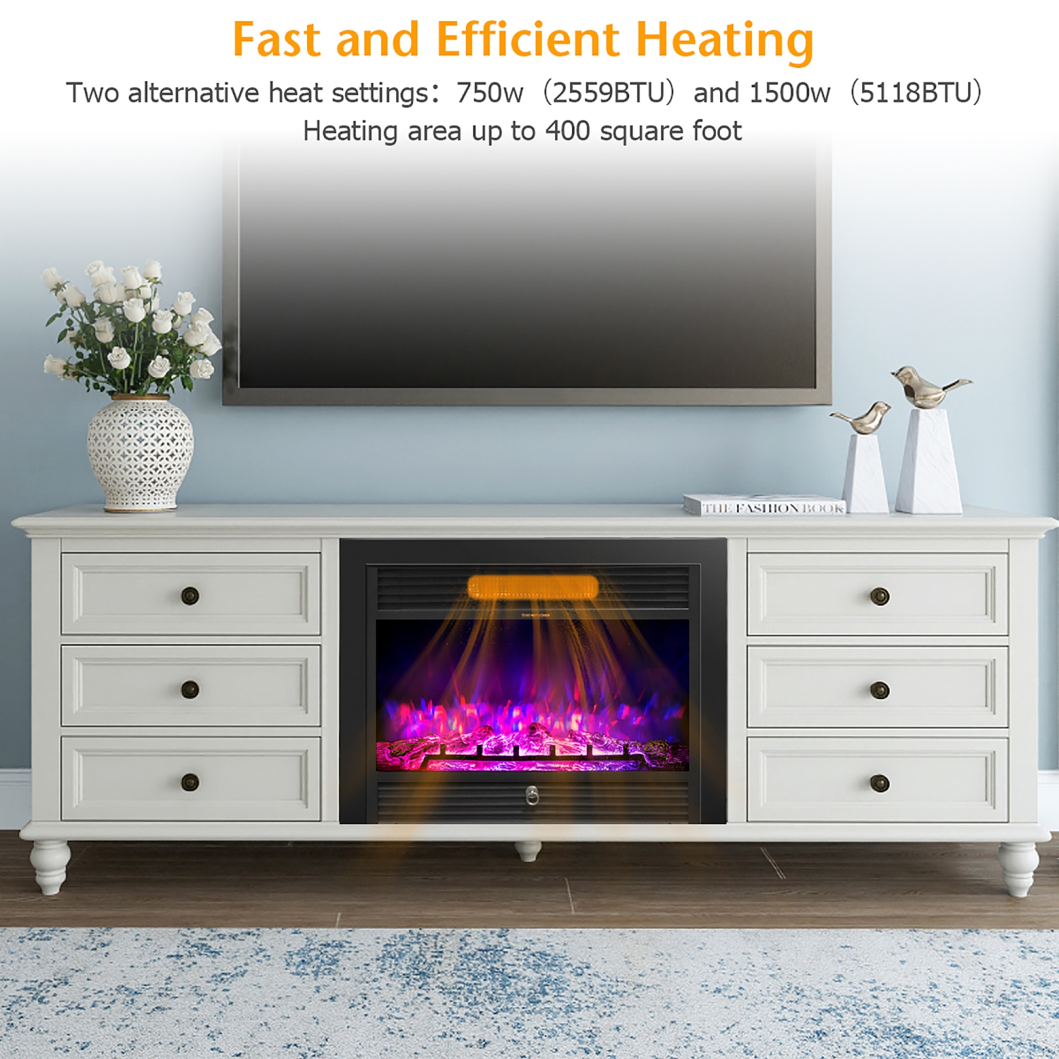 Costway 28.5" Fireplace Electric Embedded Insert Heater Glass Log Flame Remote