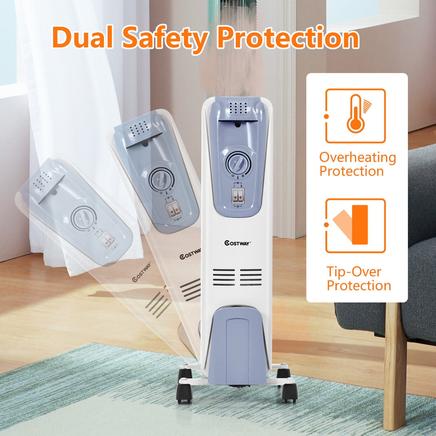 Radiateur électrique à l’huile de 1500 W de Costway chauffant l’espace de 7-fin avec éléments radiants dans la pièce du thermostat
