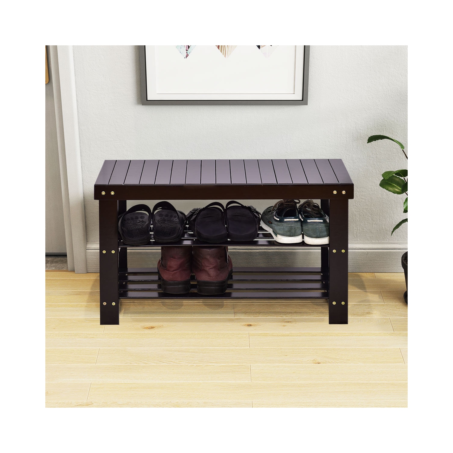 Costway 3 Tier Bamboo Shoe Rack Bench Storage Shelf Organizer Entryway Home