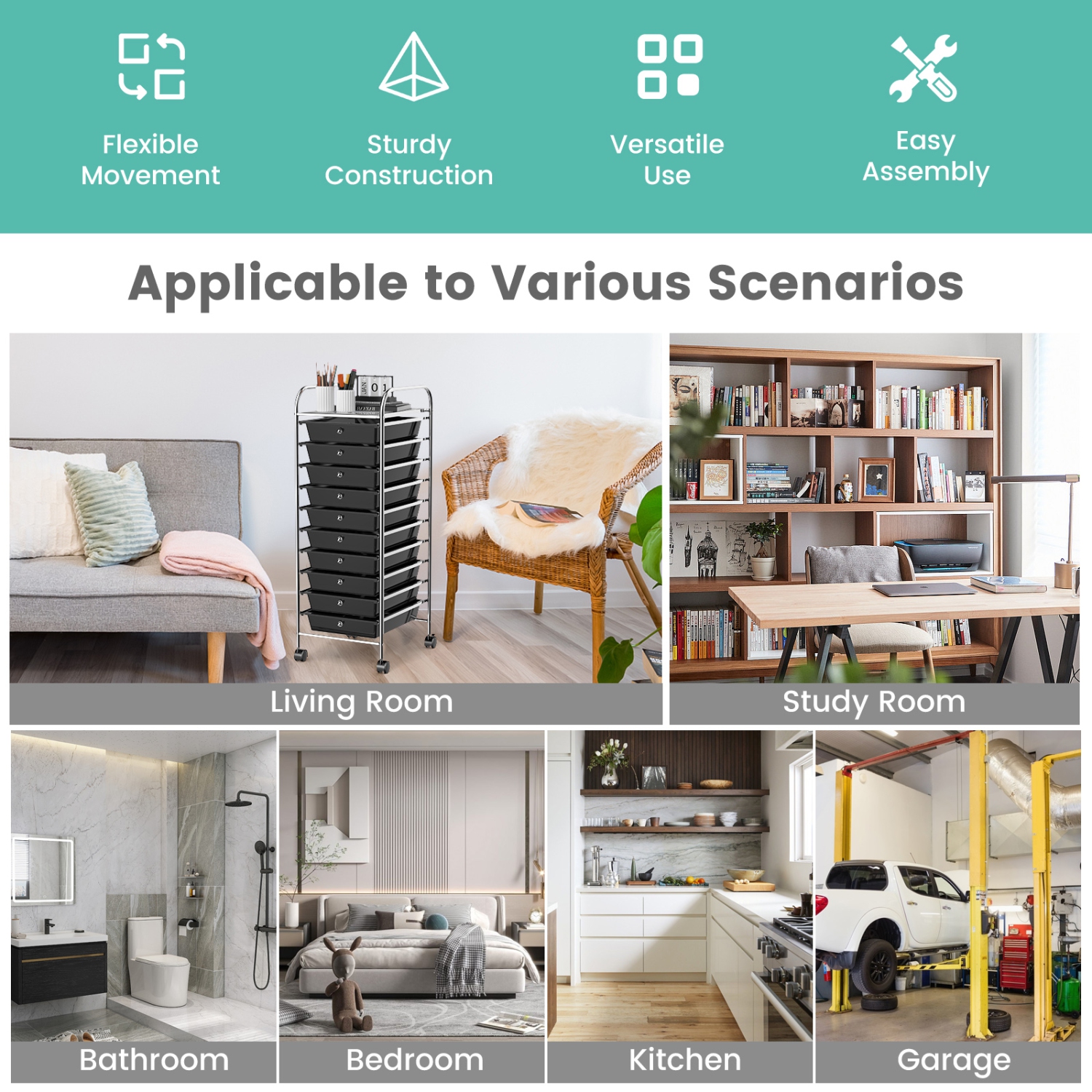 Costway Rolling Storage Cart Scrapbook Paper Office School Organizer w/ 10 Drawer Black