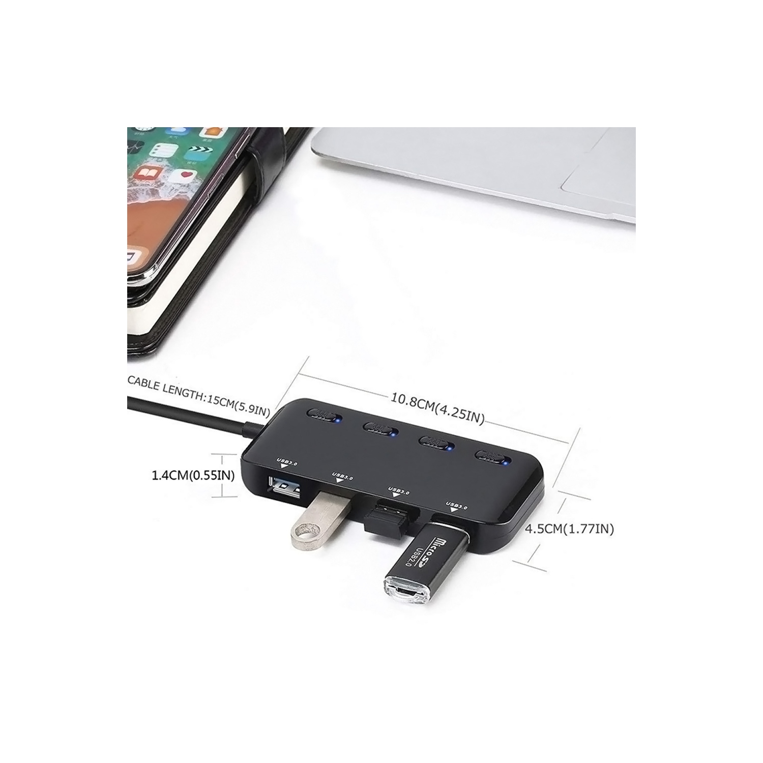 Concentrateur USB à 3.0 4 ports d’axGear avec commutateur marche-arrêt portable mince pour ordinateur de bureau MacBook