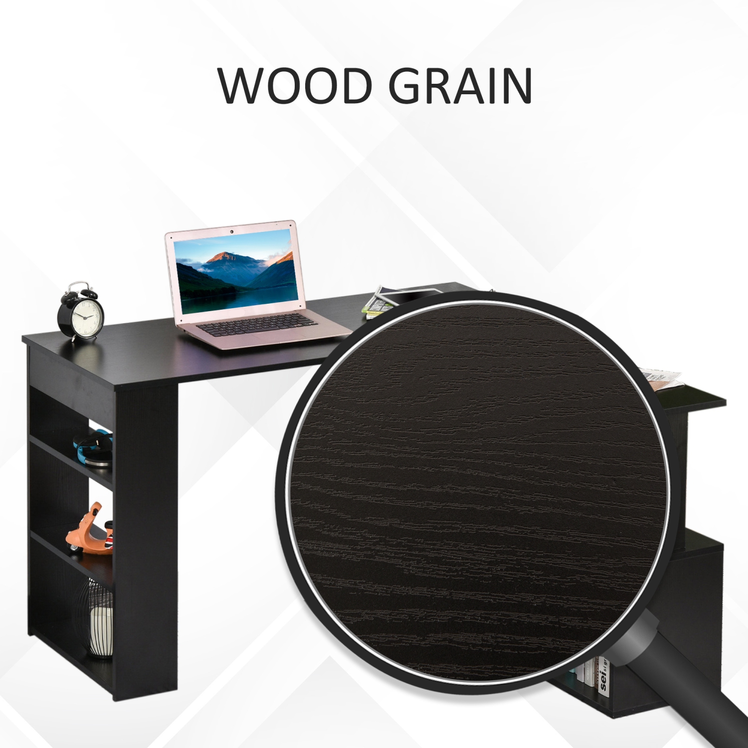 HOMCOM – Bureau en L de 47&nbsp;po, bureau en coin pivotant à 360°, table de travail d'ordinateur réversible avec tablette de rangement pour bureau à