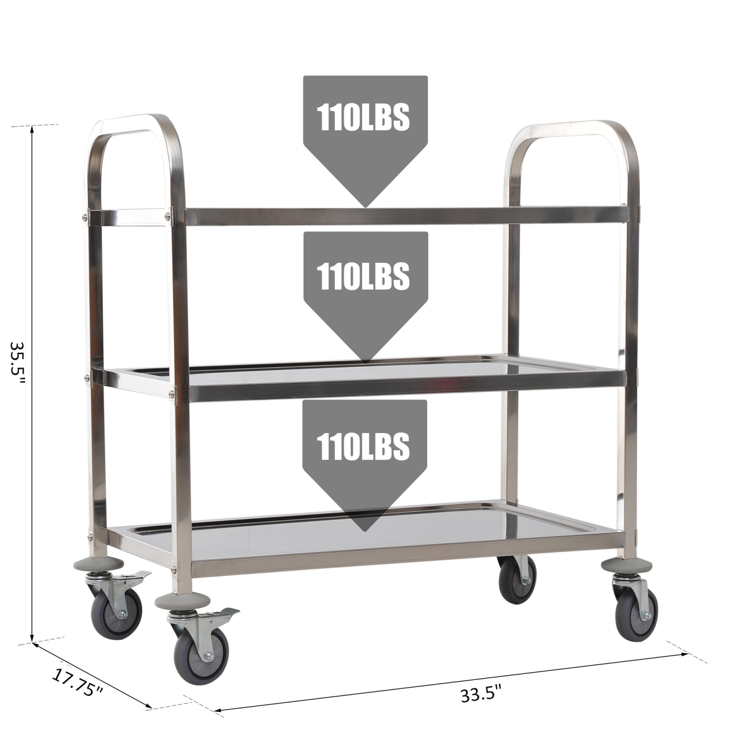 HOMCOM 36" 3-Tier Kitchen Trolley Medical Treatment Laboratory Equipment Carts, Stainless Steel Rolling Kitchen Island, Wheeled Storage Utility