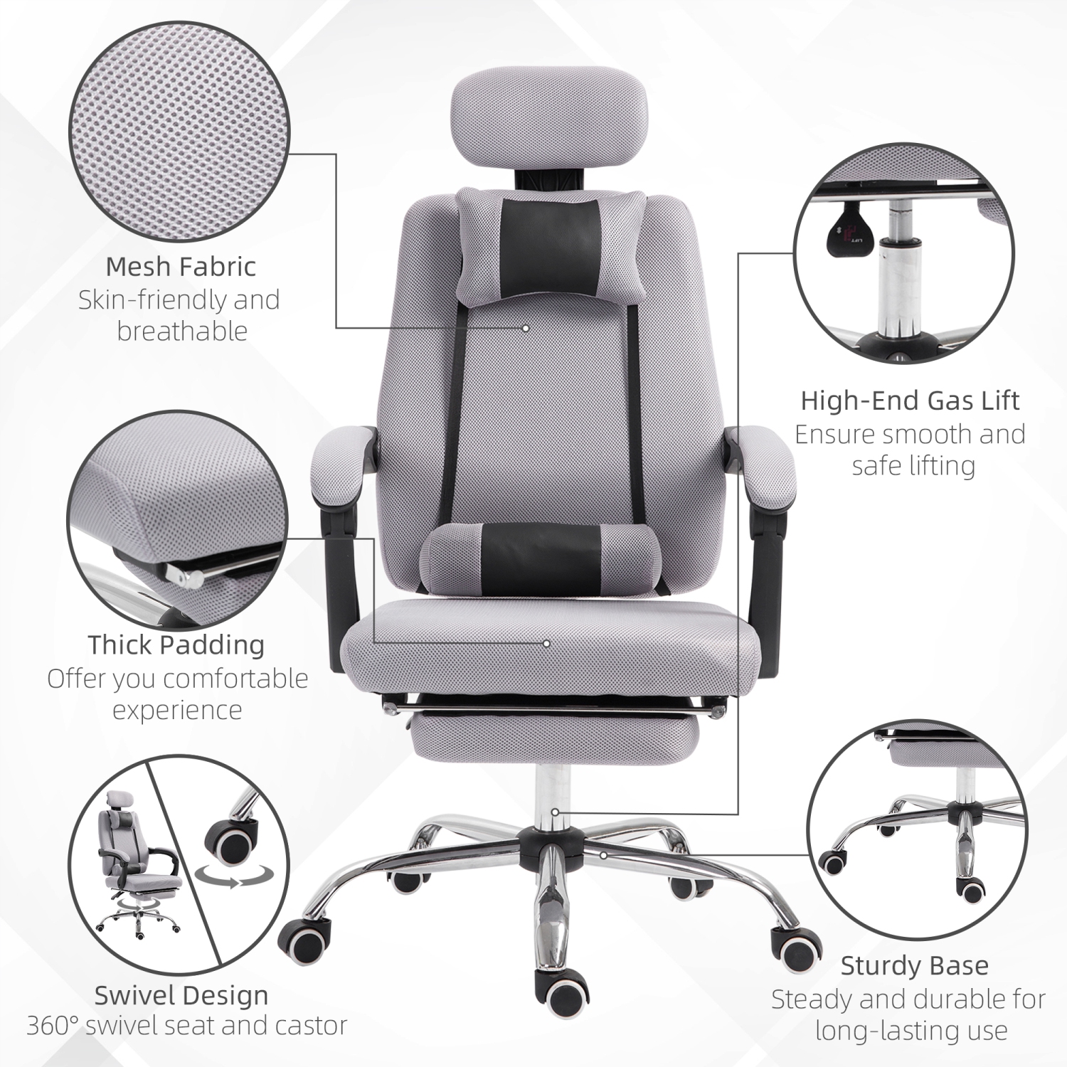 Vinsetto Executive Office Chair, Ergonomic Swivel Mesh High Back Desk Chair with Rotatable Headrest and Armrest, Adjustable Lumbar Support, Grey