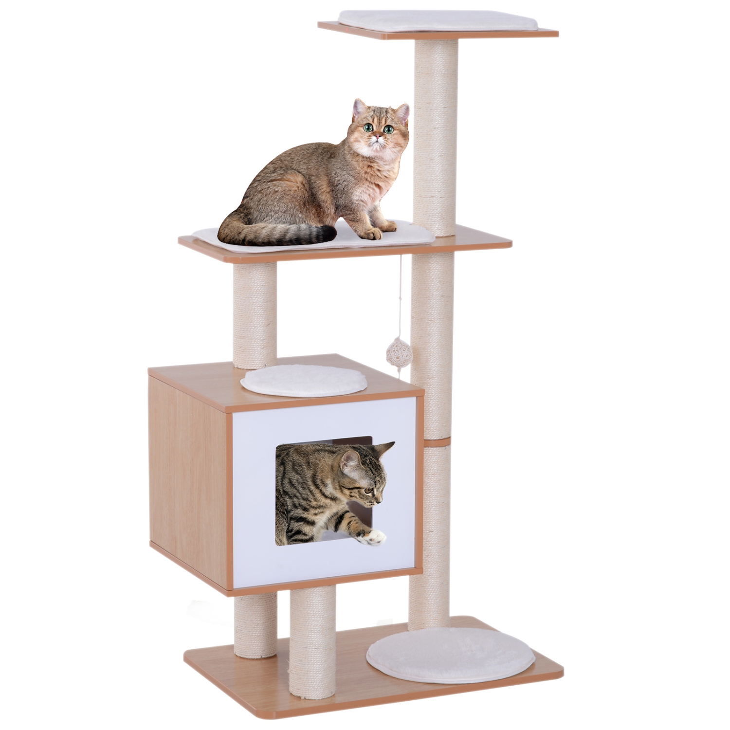 PawHut 47" Wood Cat Tree, Cat Condo Tower with Scratching Post, Toy Ball, Natural Wood
