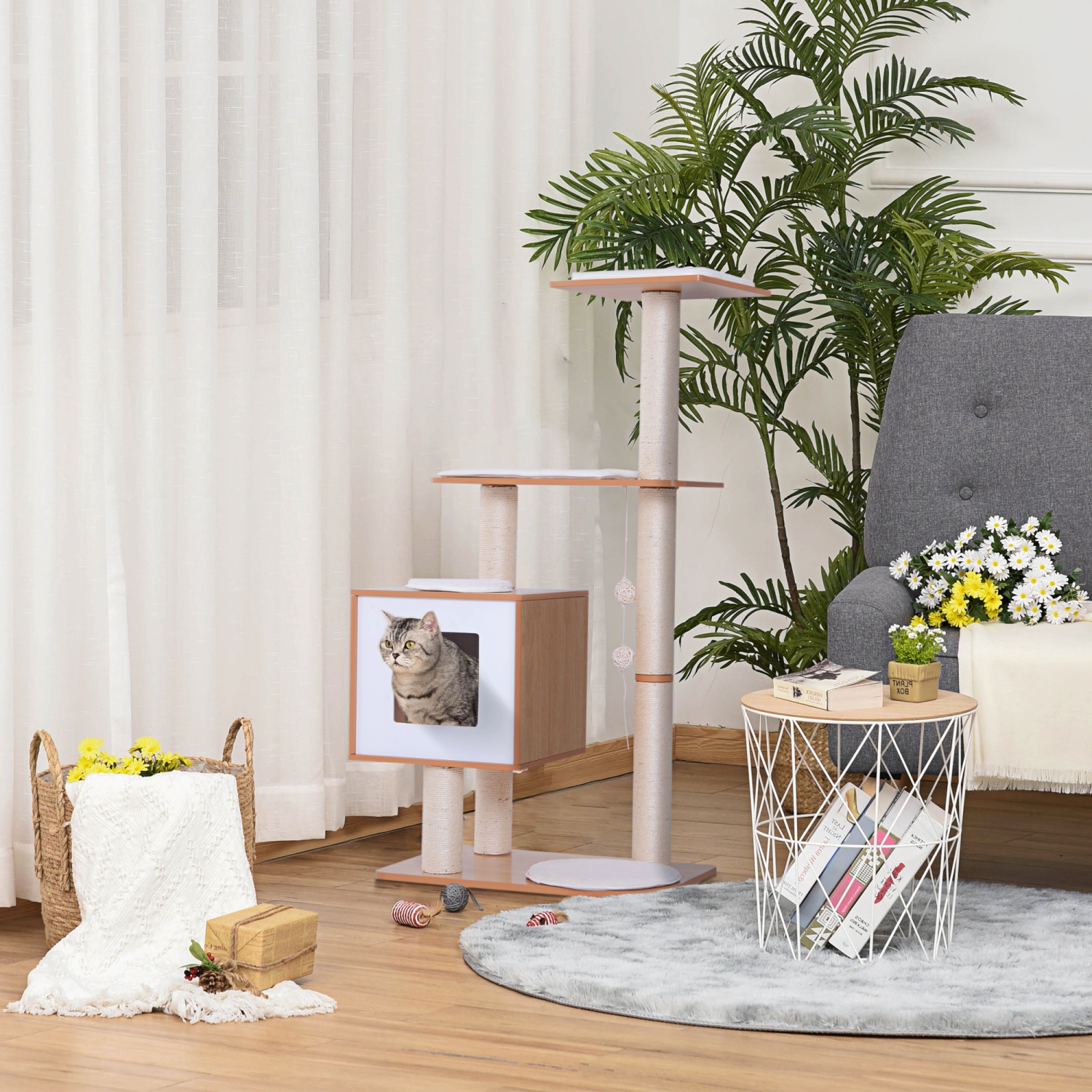 PawHut 47" Wood Cat Tree, Cat Condo Tower with Scratching Post, Toy Ball, Natural Wood