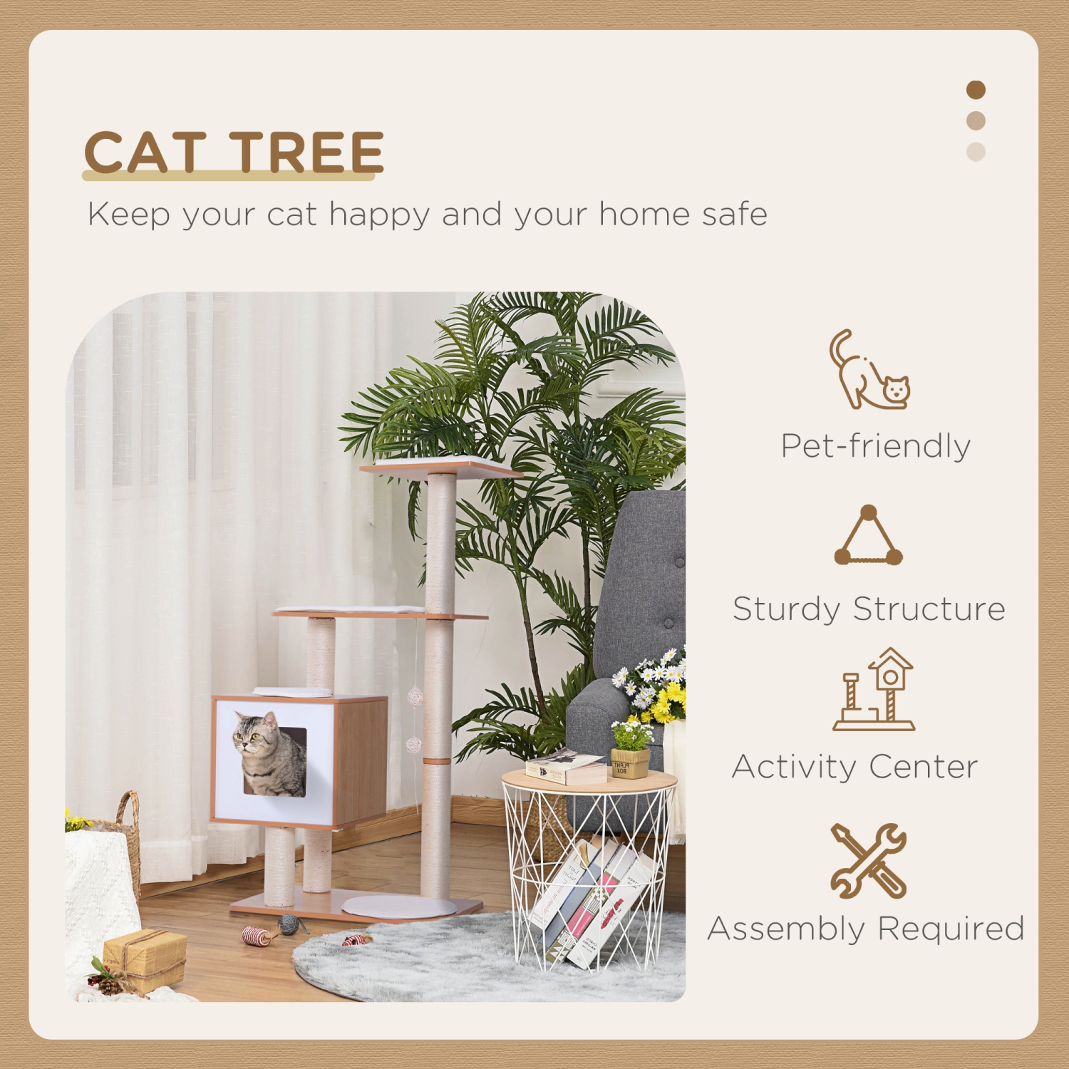 PawHut 47" Wood Cat Tree, Cat Condo Tower with Scratching Post, Toy Ball, Natural Wood