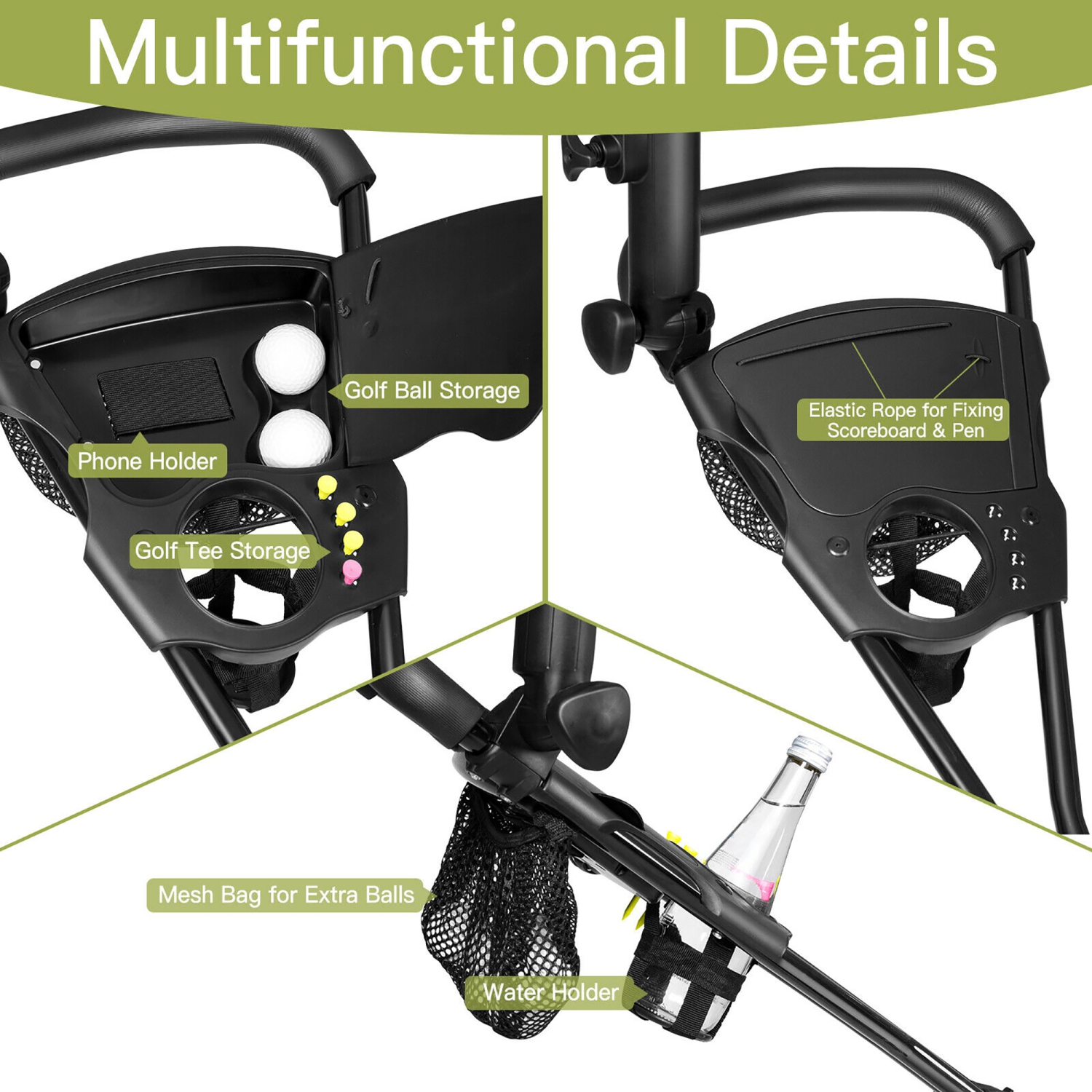 Costway Foldable 3 Wheel Golf Pull Push Cart Trolley Scorecard Drink Holder Mesh Bag