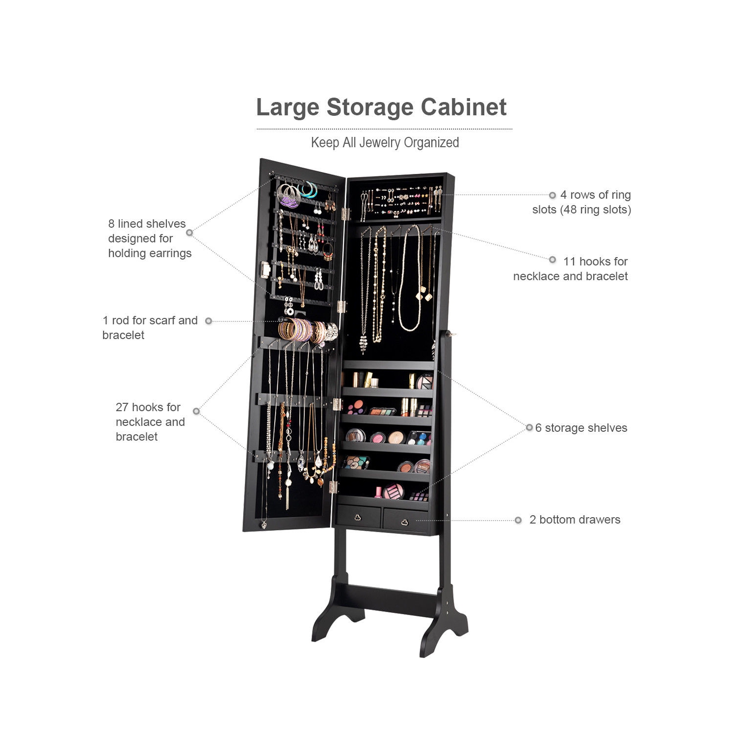 Armoire verrouillable à bijoux avec tiroirs et armoire à bijoux de Costway, noir