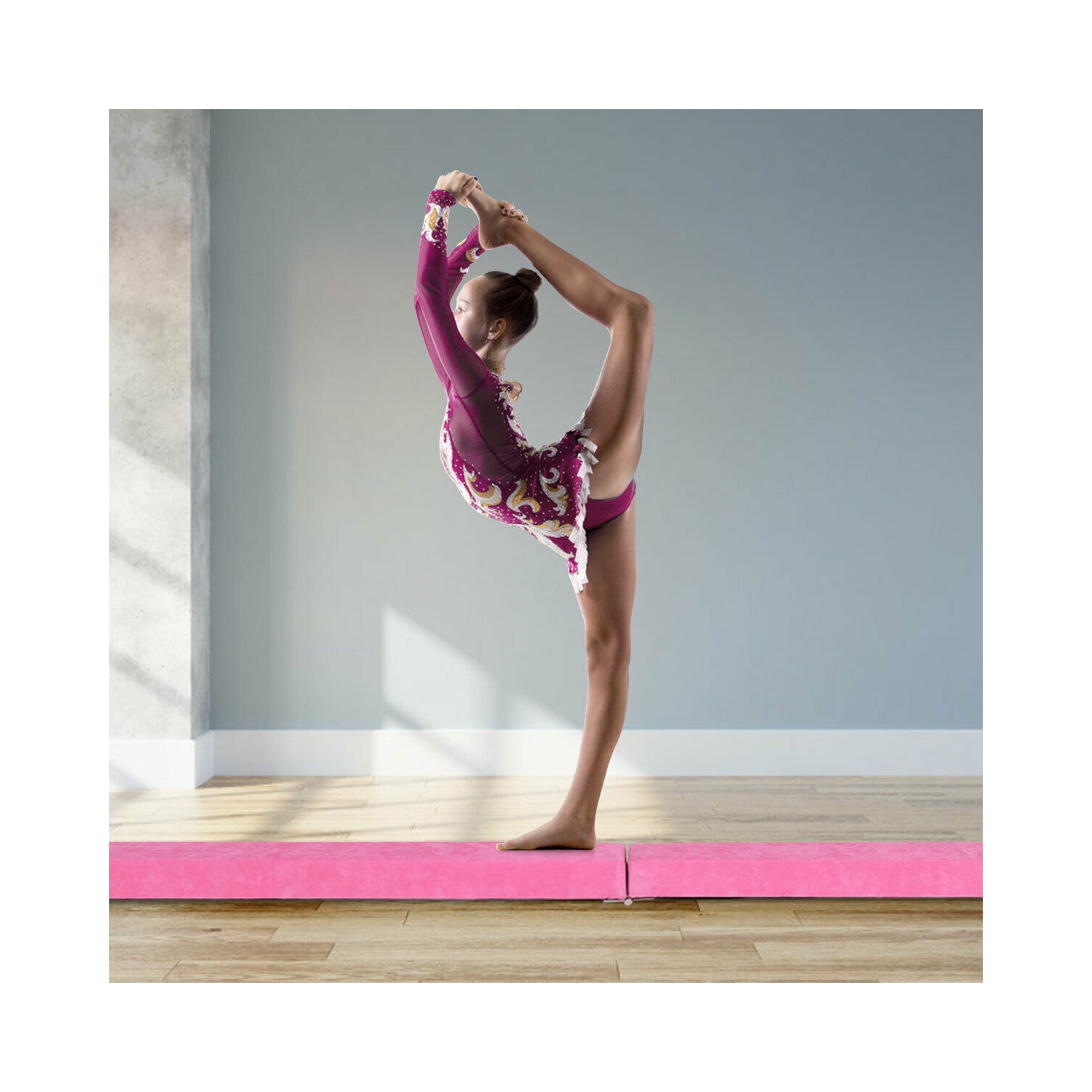 Section modulaire de 7 pi, barre d'équilibre au sol, gymnastique, fopage d’entraînement en suède rose doux