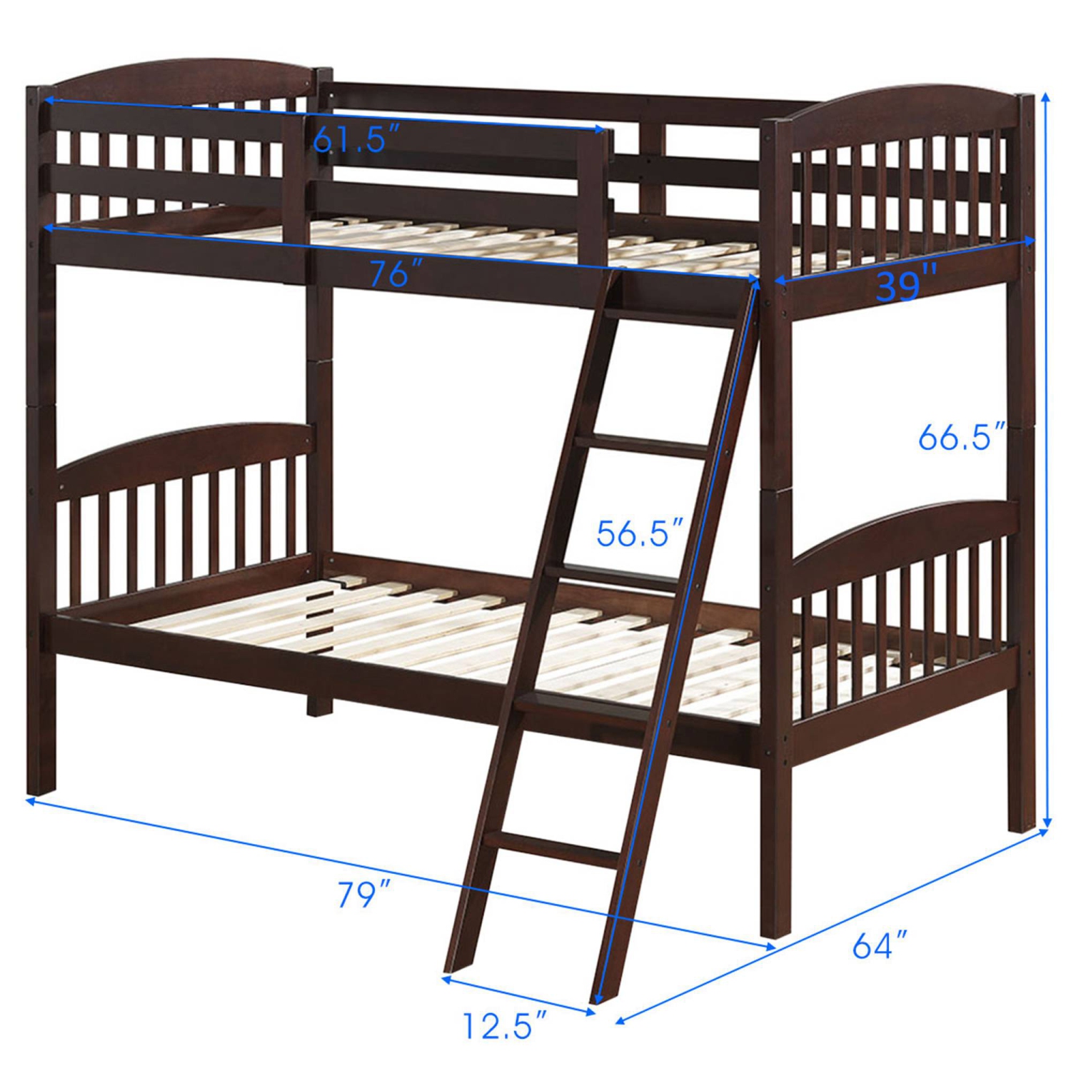 Costway Wood Solid Hardwood Twin Bunk Beds Detachable Kids Ladder Safety Rail