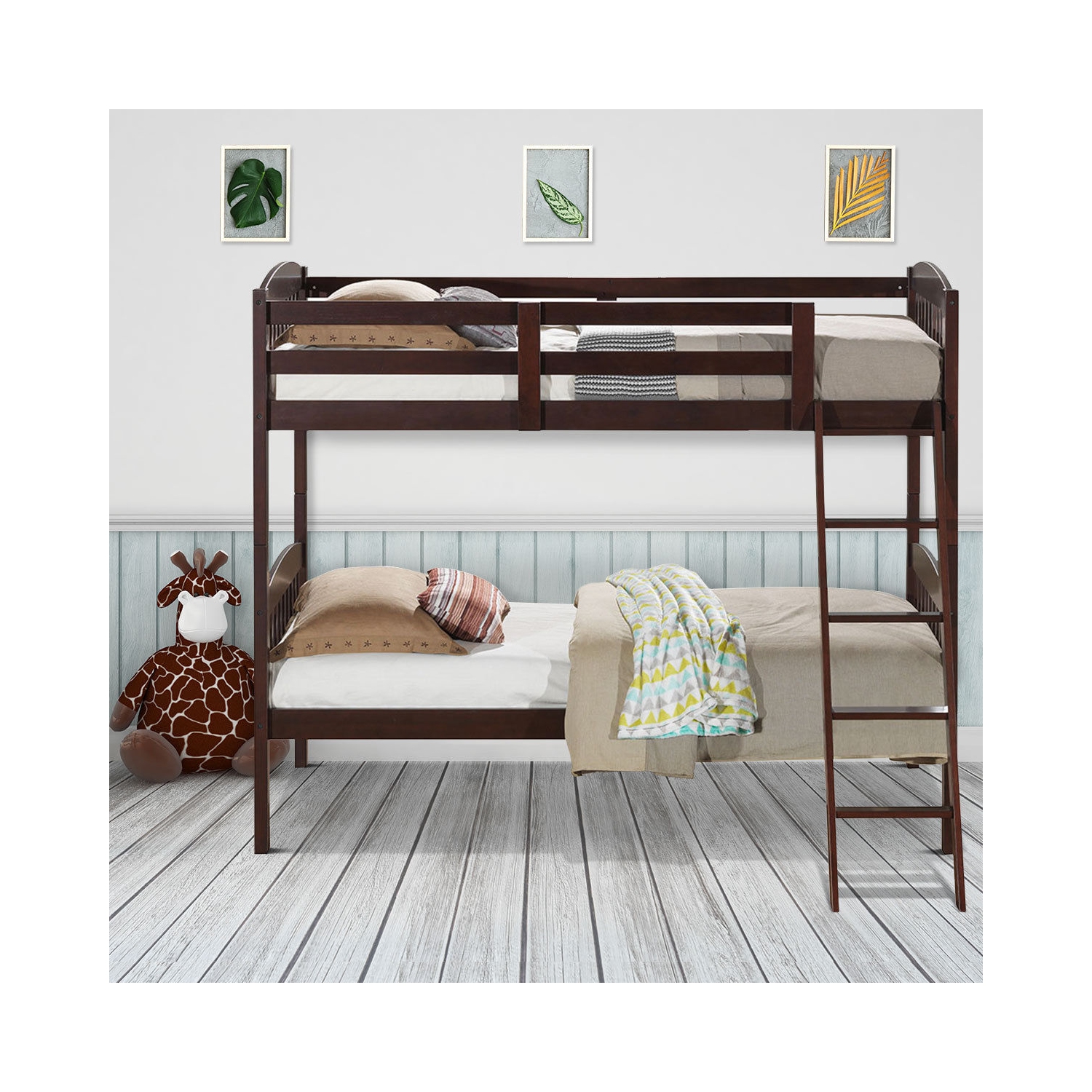 Costway Wood Solid Hardwood Twin Bunk Beds Detachable Kids Ladder Safety Rail