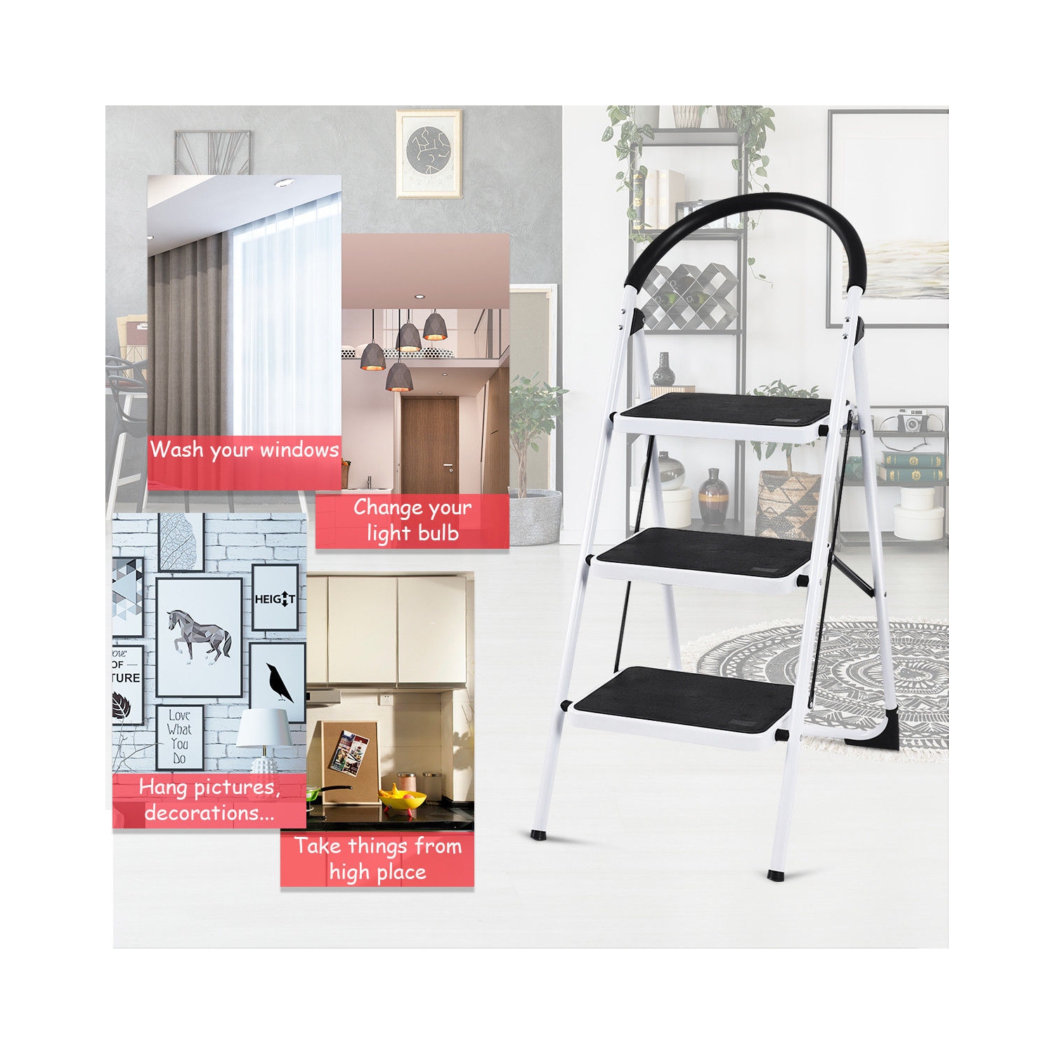 3 Step Ladder Folding Stool Heavy Duty Industrial Lightweight 330lbs Capacity