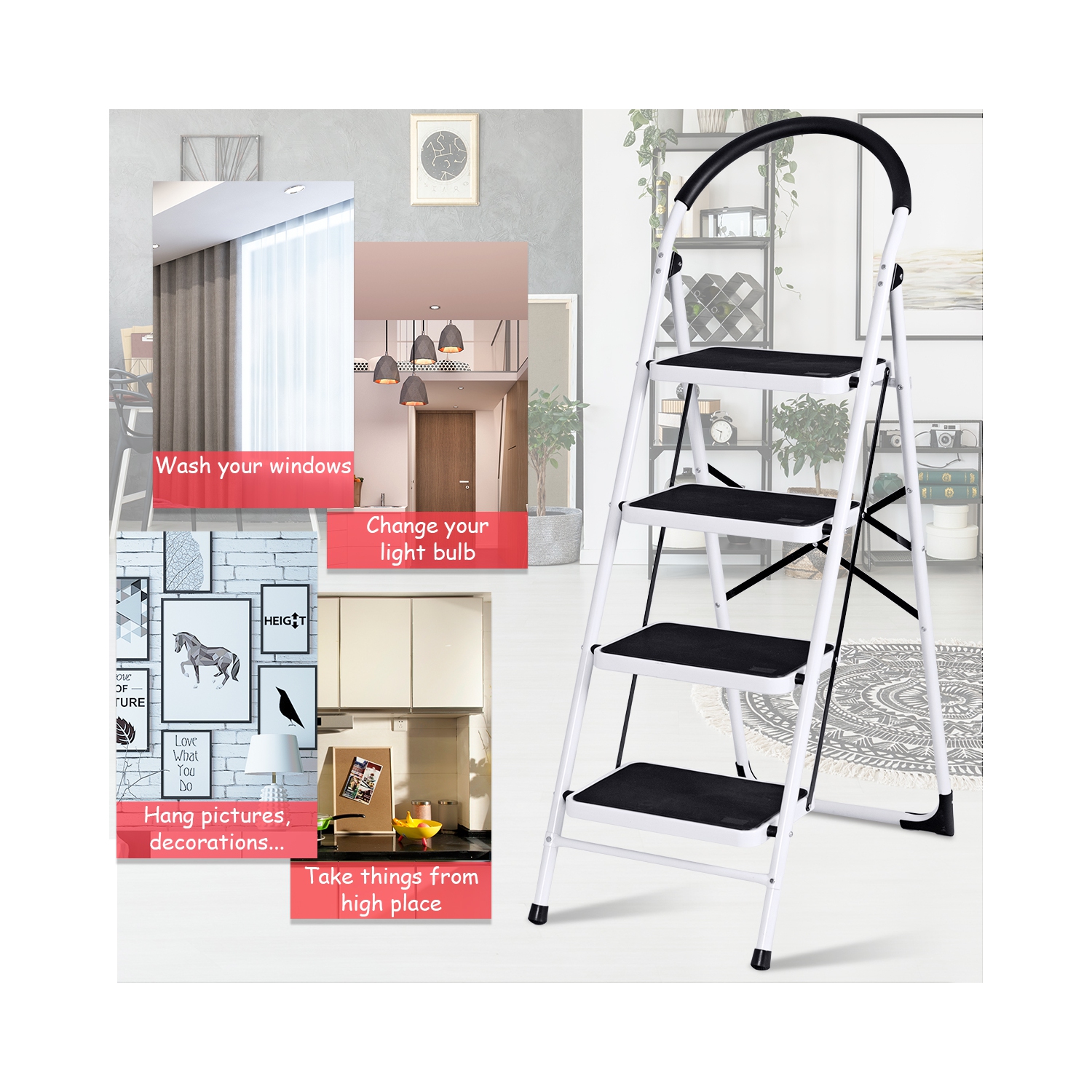 4 Step Ladder Folding Stool Heavy Duty 330lbs Capacity Industrial Lightweight