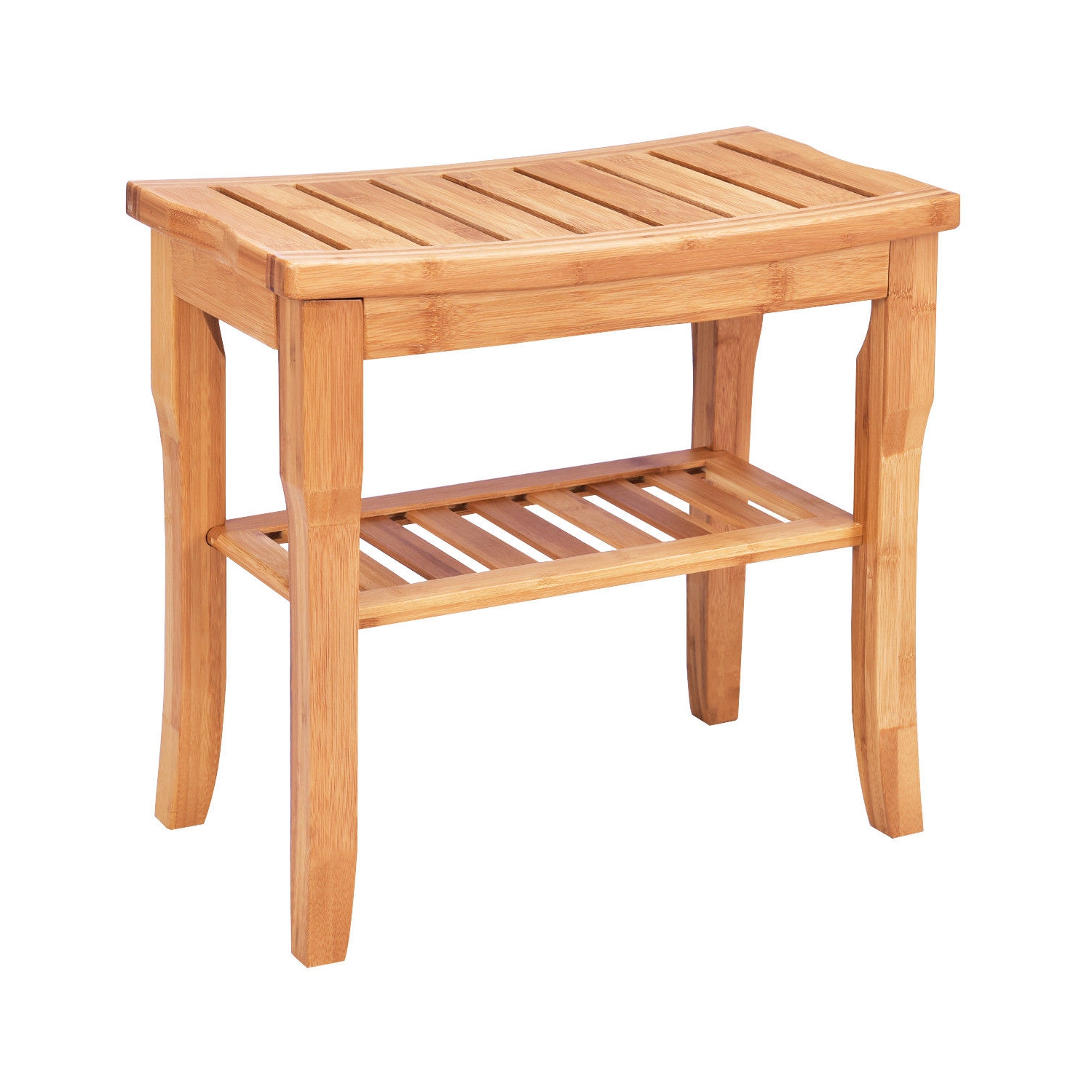 Costway Bamboo Shower Seat Bench Bathroom Spa Organizer Stool W/ Storage Shelf