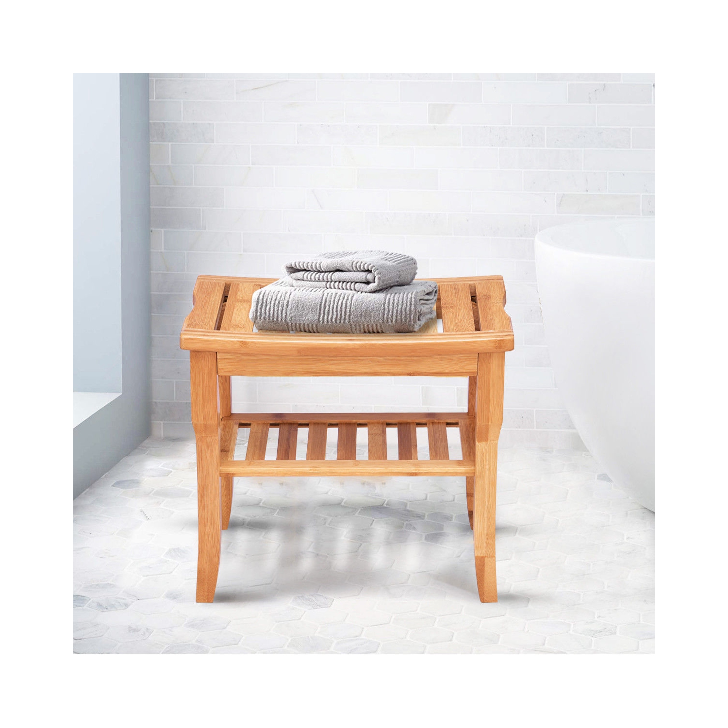 Costway Bamboo Shower Seat Bench Bathroom Spa Organizer Stool W/ Storage Shelf