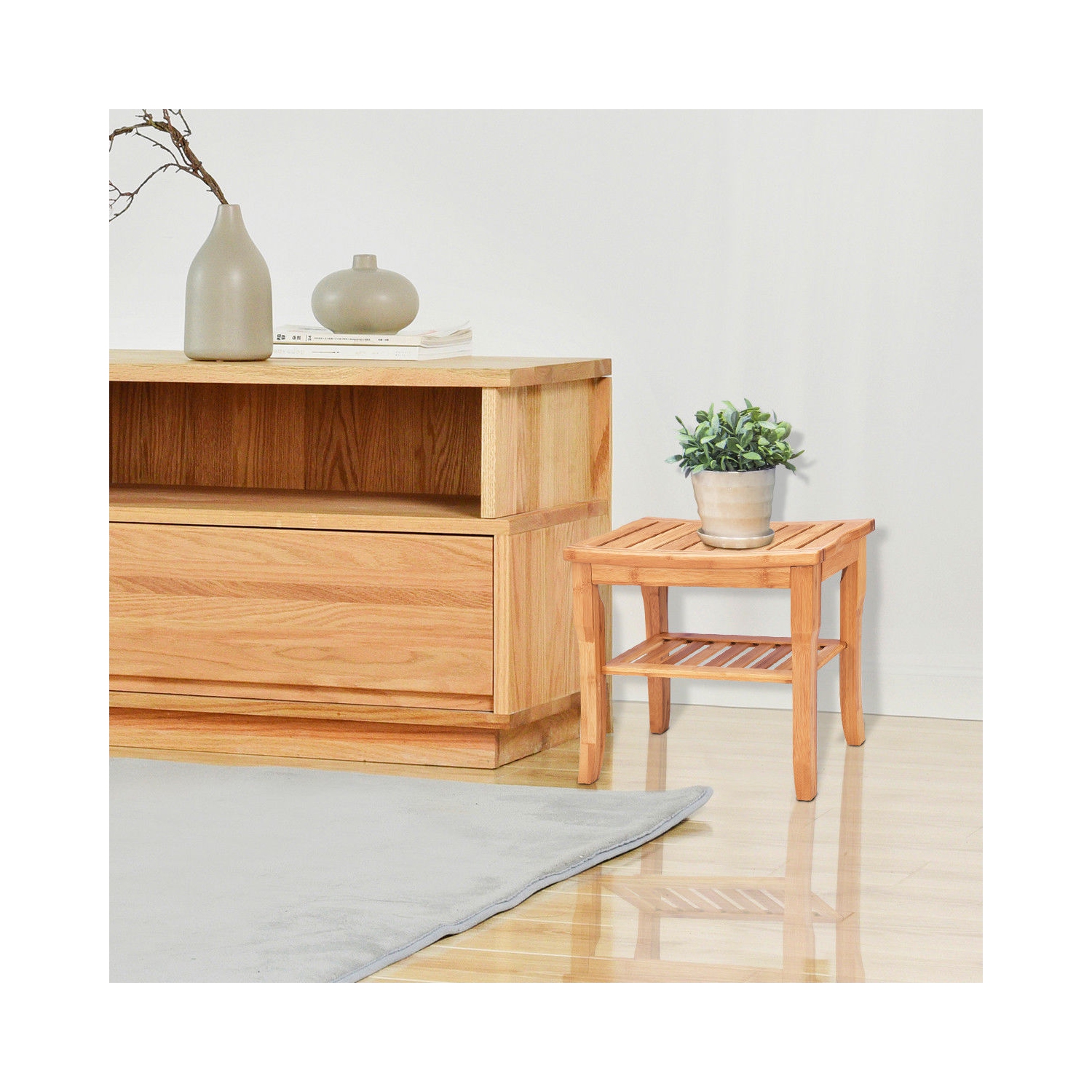 Costway Bamboo Shower Seat Bench Bathroom Spa Organizer Stool W/ Storage Shelf