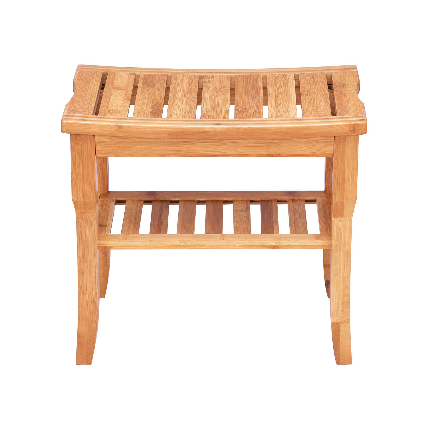 Costway Bamboo Shower Seat Bench Bathroom Spa Organizer Stool W/ Storage Shelf