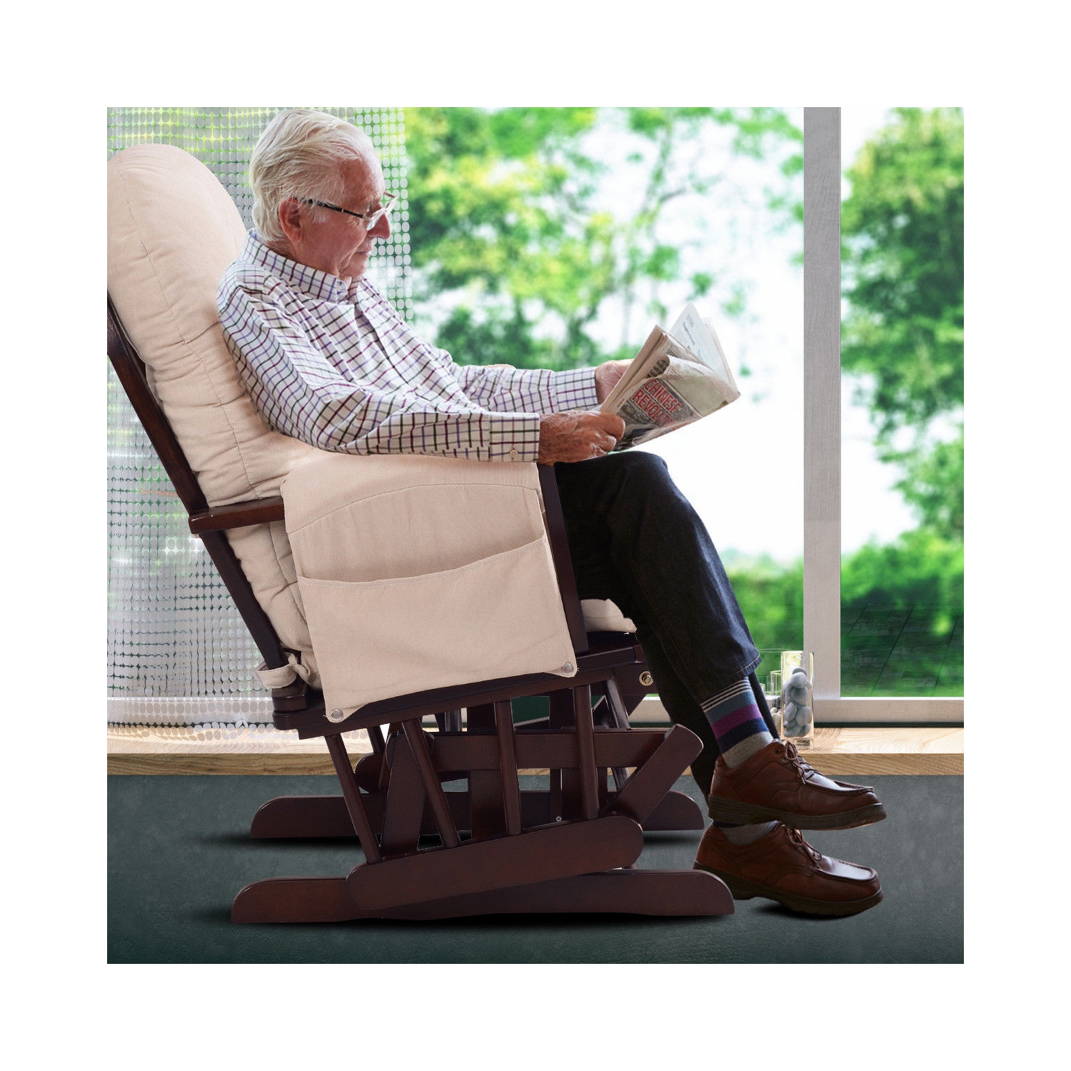 Ensemble fauteuil berçant coulissant et pouf Relax de Costway avec coussin beige