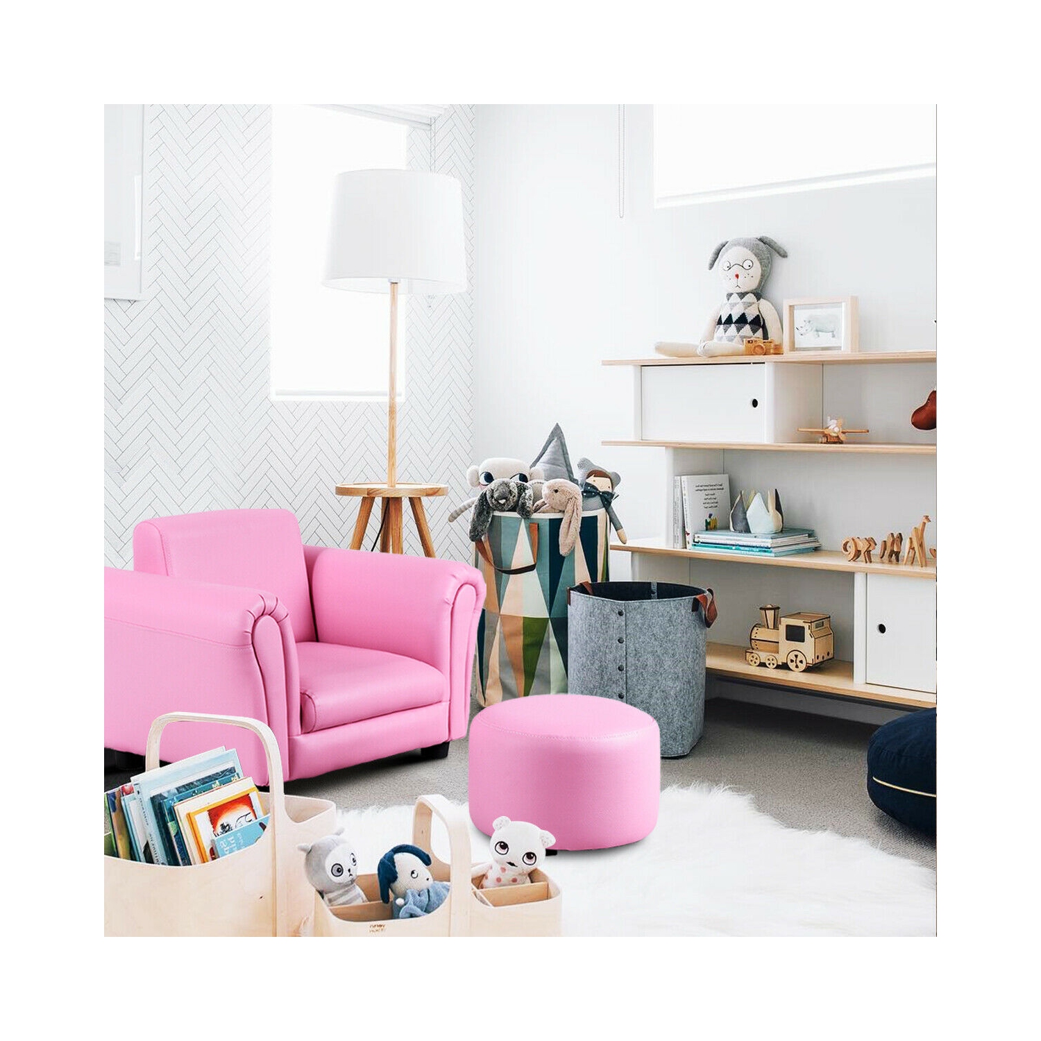 Canapé avec accoudoir pour enfants de Costway. Cadeau d’anniversaire pour tout-petits avec pouf rose