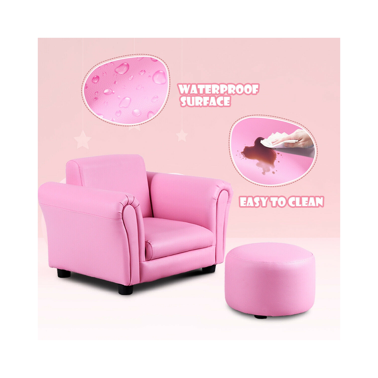 Canapé avec accoudoir pour enfants de Costway. Cadeau d’anniversaire pour tout-petits avec pouf rose