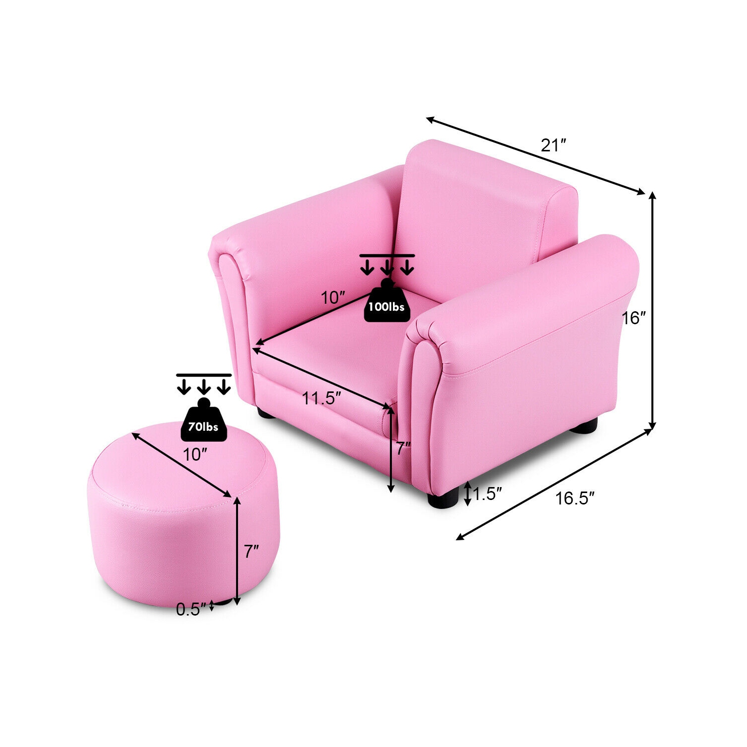 Canapé avec accoudoir pour enfants de Costway. Cadeau d’anniversaire pour tout-petits avec pouf rose