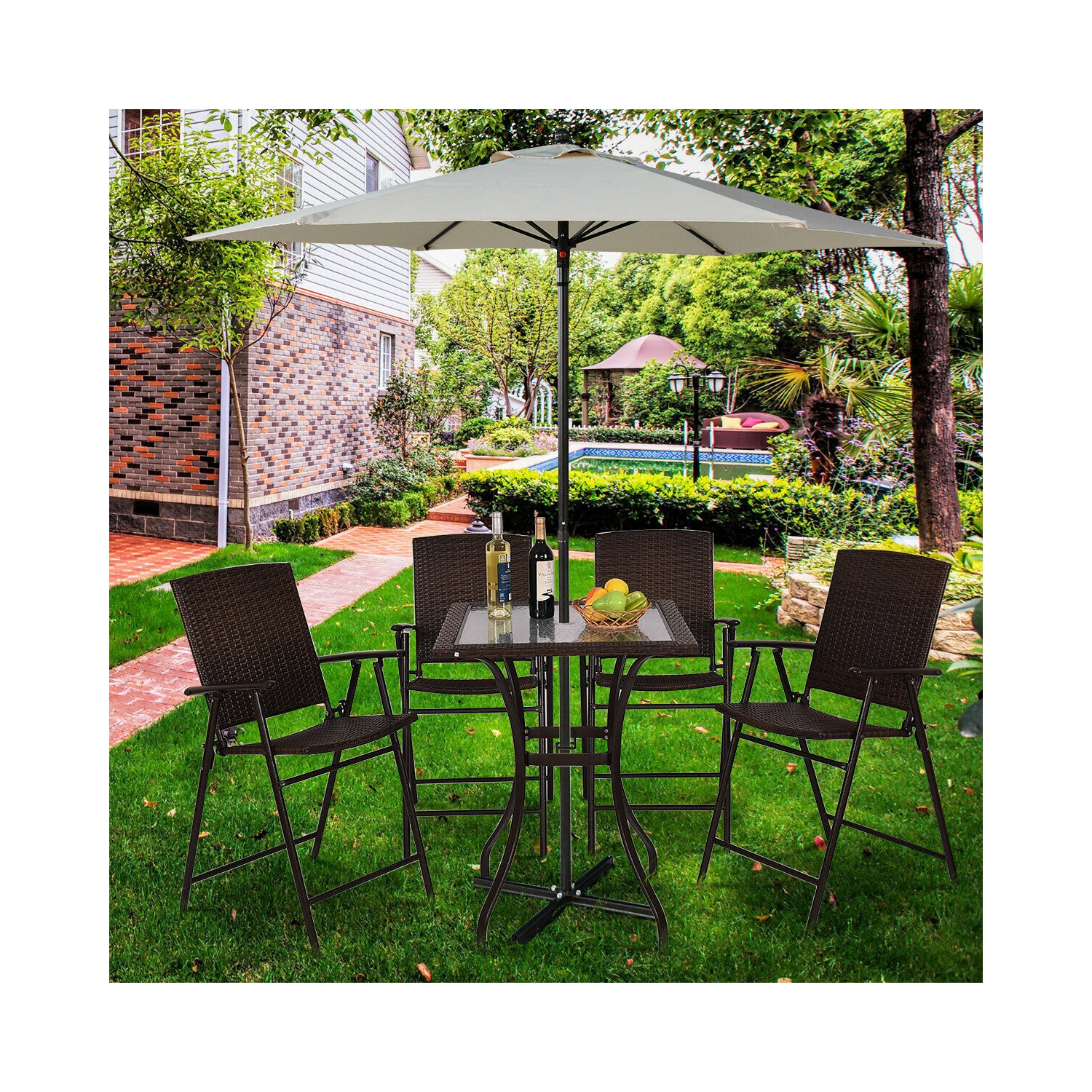 Costway Yard Outdoor Patio Garden Rattan Wicker Bar Square Table with Glass Top