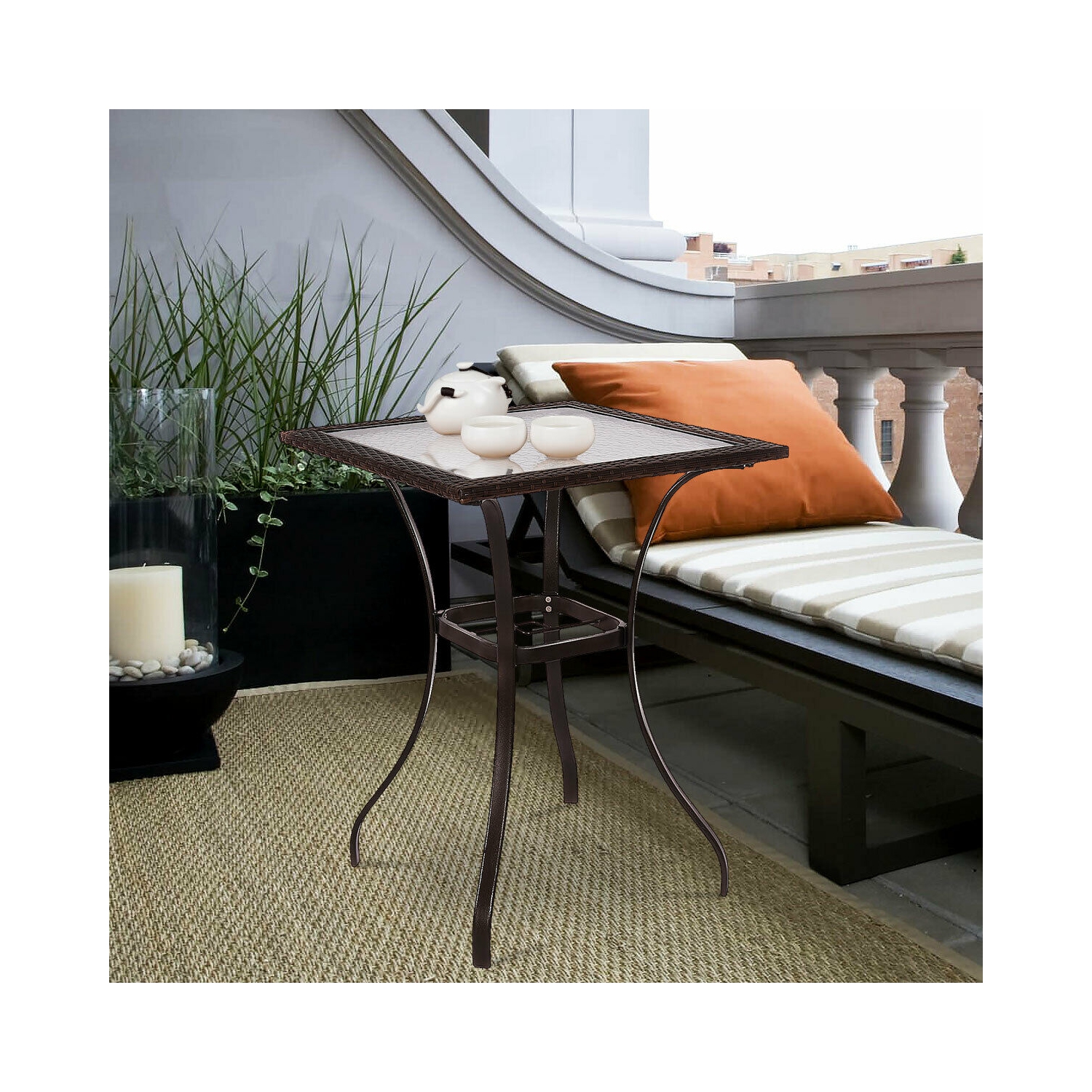 Costway Yard Outdoor Patio Garden Rattan Wicker Bar Square Table with Glass Top