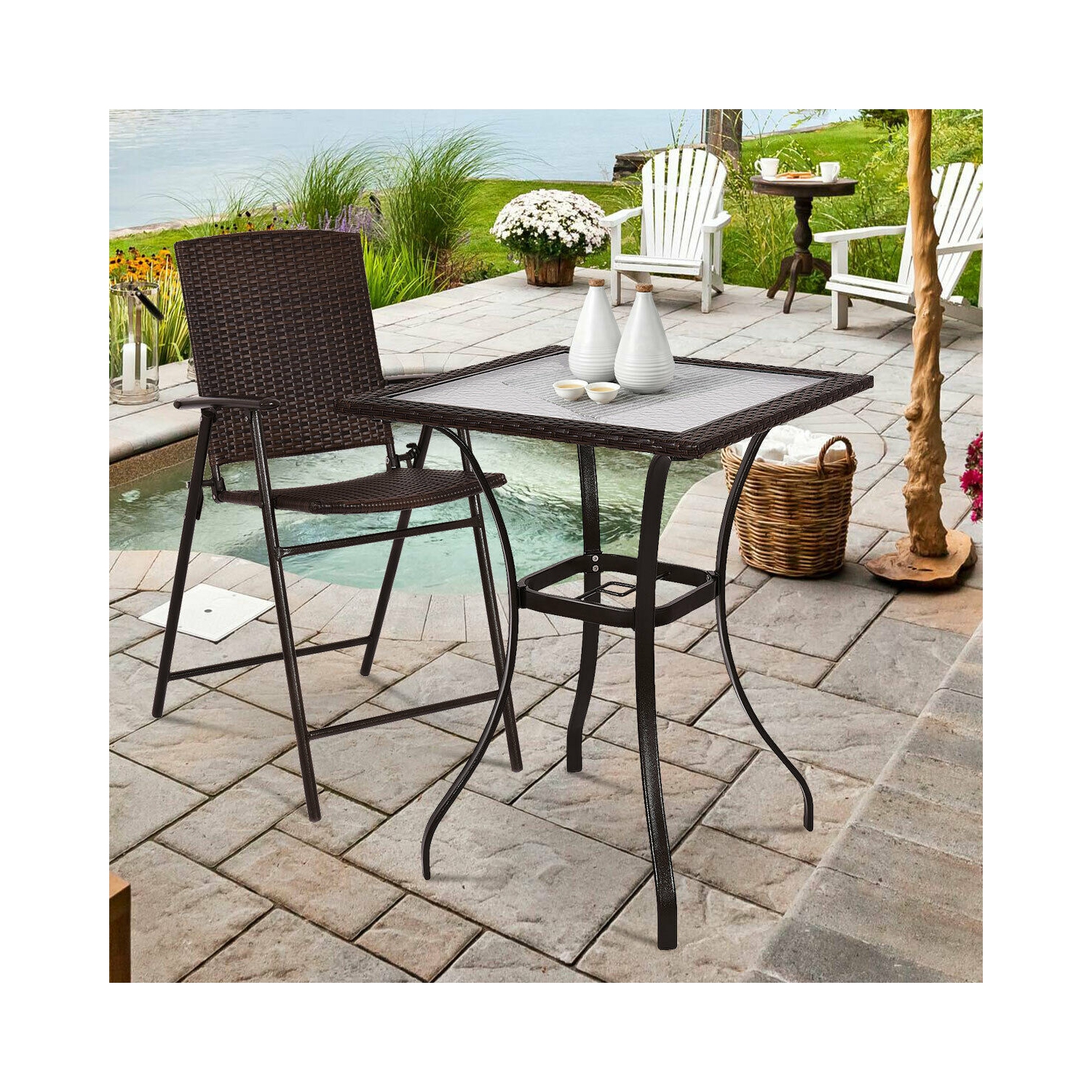 Costway Yard Outdoor Patio Garden Rattan Wicker Bar Square Table with Glass Top