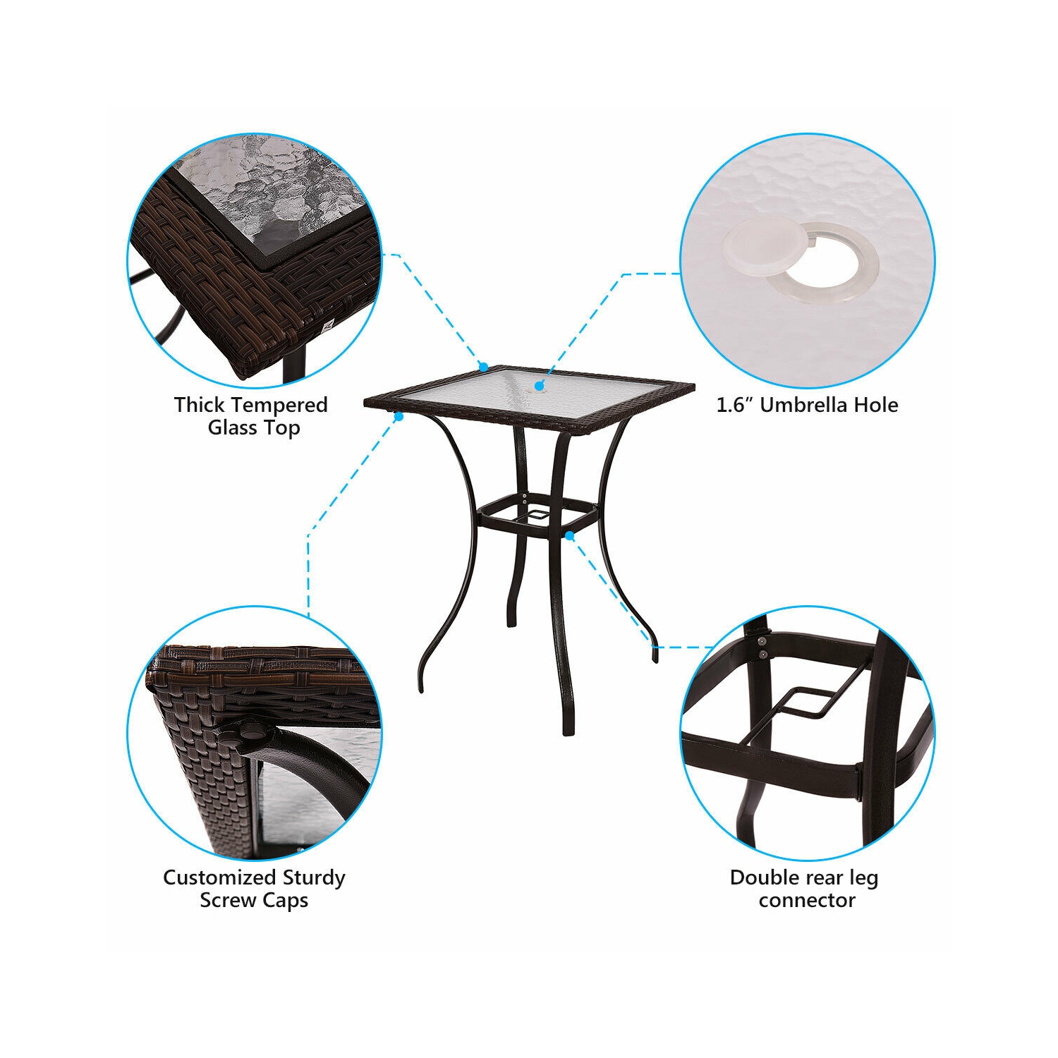 Costway Yard Outdoor Patio Garden Rattan Wicker Bar Square Table with Glass Top