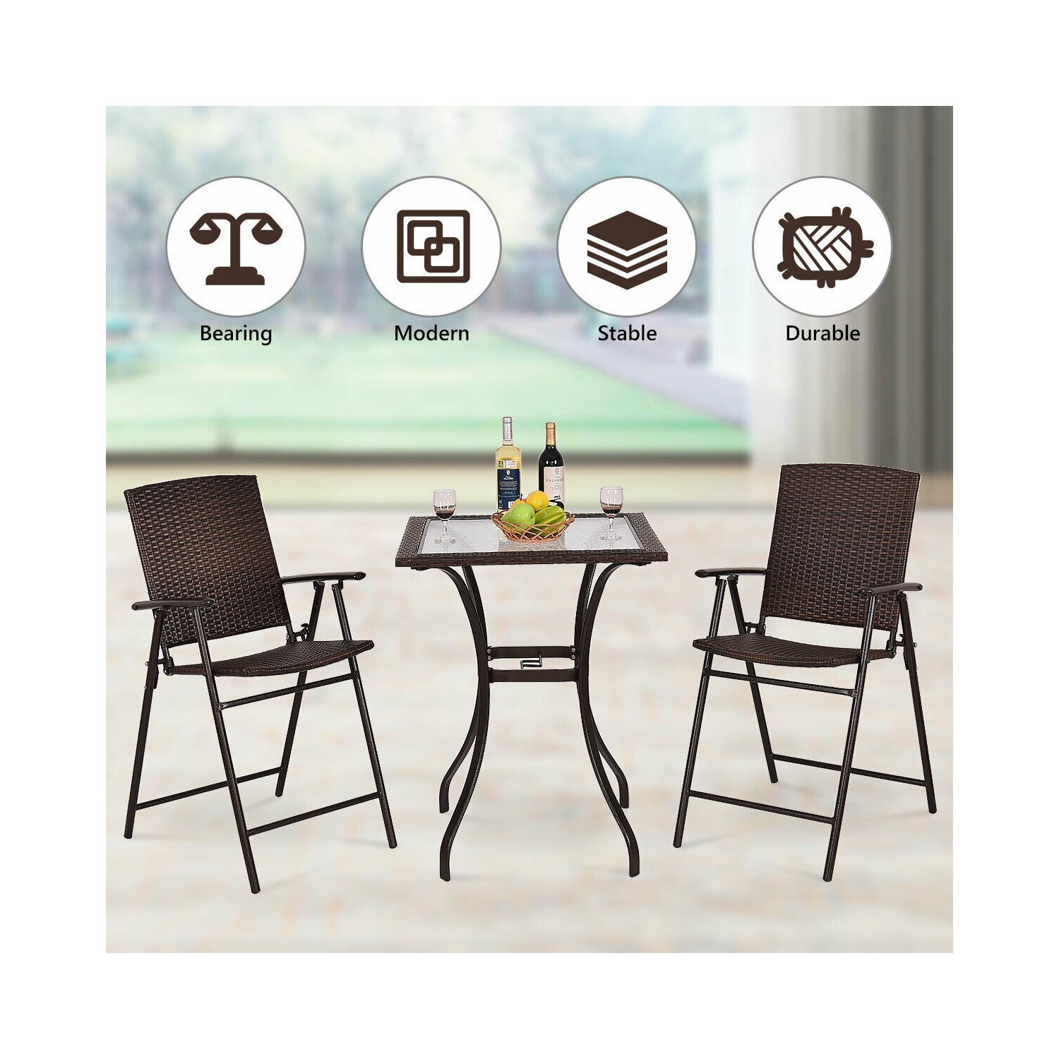 Costway Yard Outdoor Patio Garden Rattan Wicker Bar Square Table with Glass Top