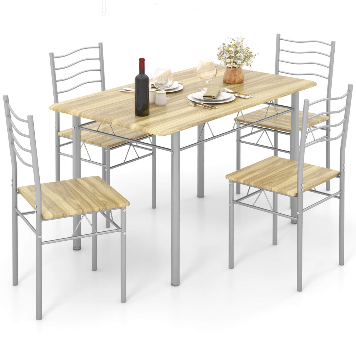 Costway 5 Piece Dining Table Set Wood Metal Kitchen Breakfast Furniture w/4 Chair Walnut