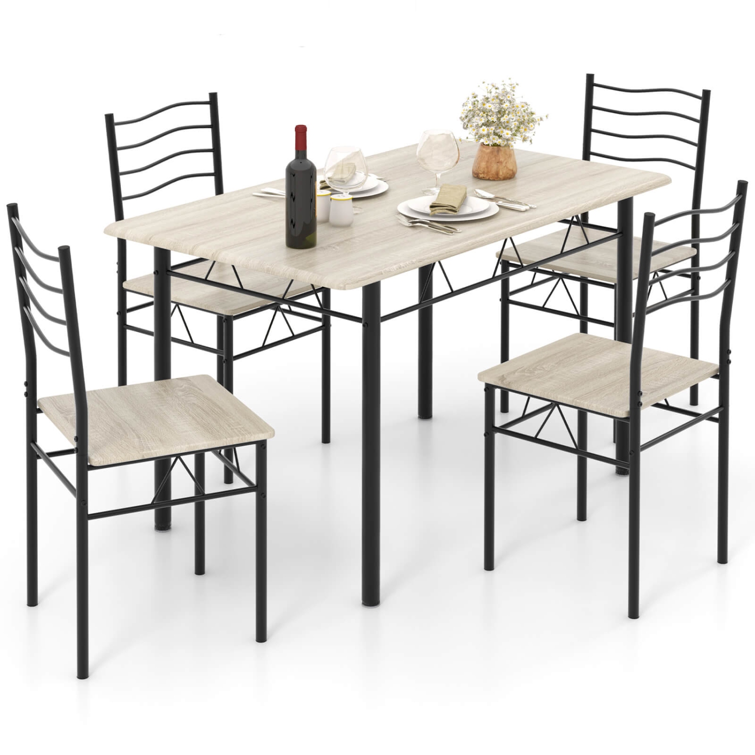 Costway 5 Piece Dining Table Set w/ 4 Chairs Wood Metal Kitchen Breakfast Furniture