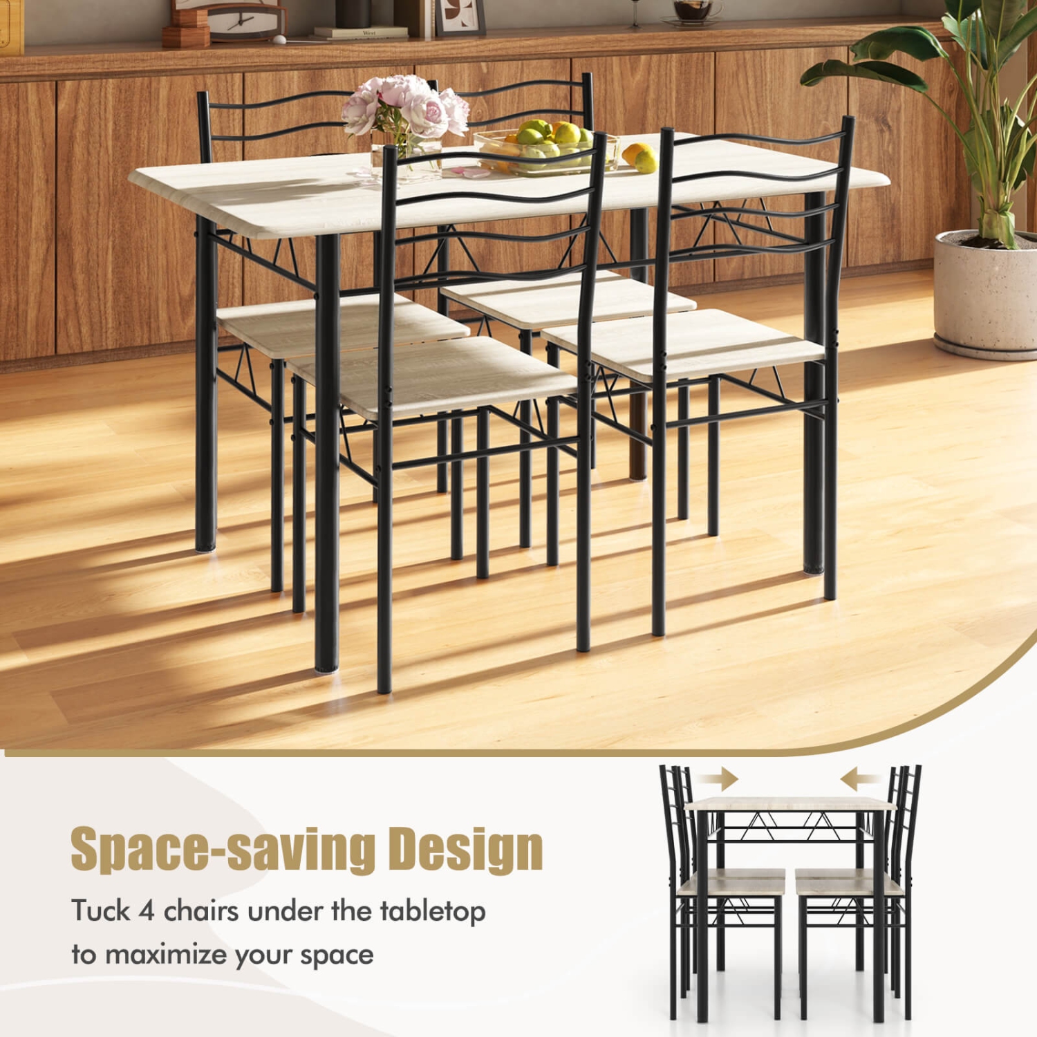 Costway 5 Piece Dining Table Set w/ 4 Chairs Wood Metal Kitchen Breakfast Furniture