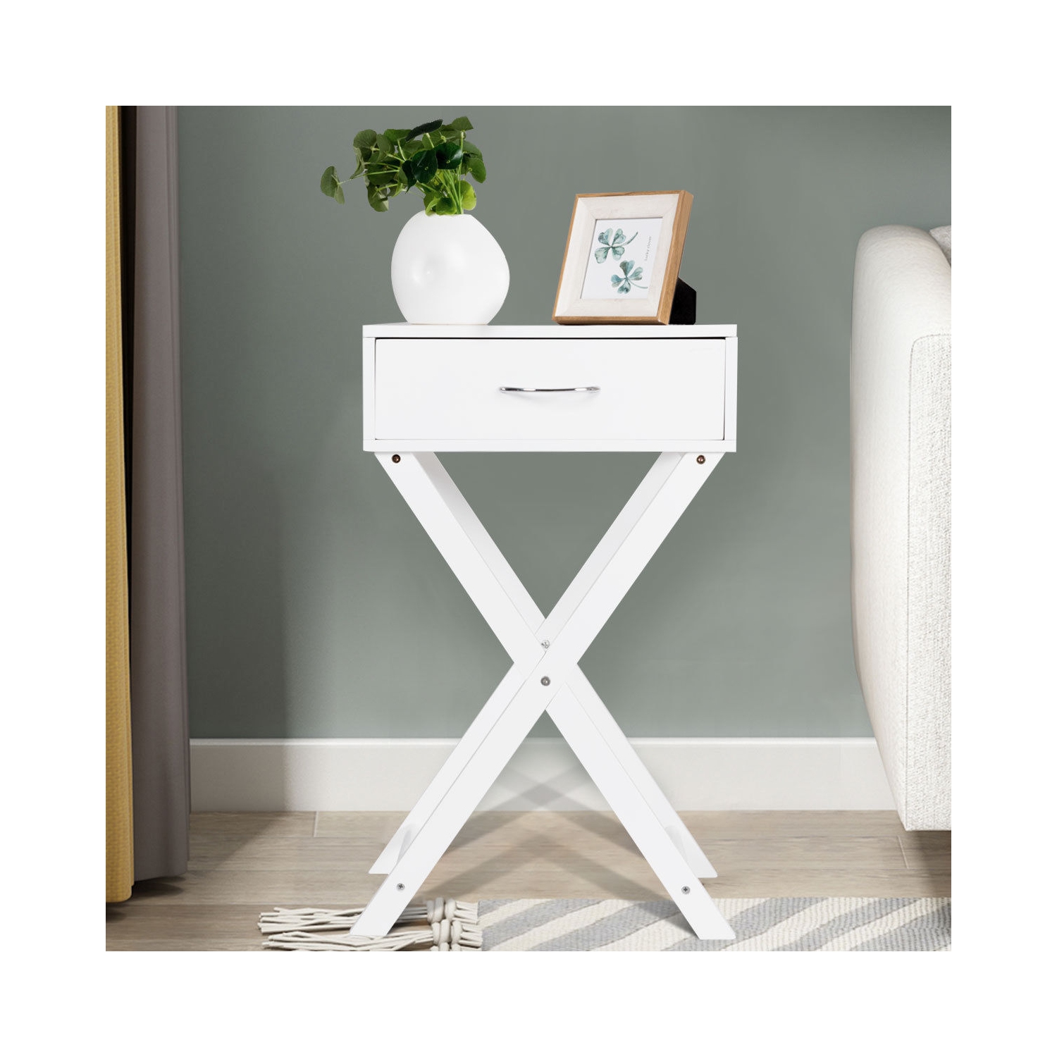 Table de Chevet Scandinave avec 1 Tiroir Table de Nuit avec Pieds de Table en Forme de X Table d'Appoint Table Basse Meuble de Rangement pour Accueil