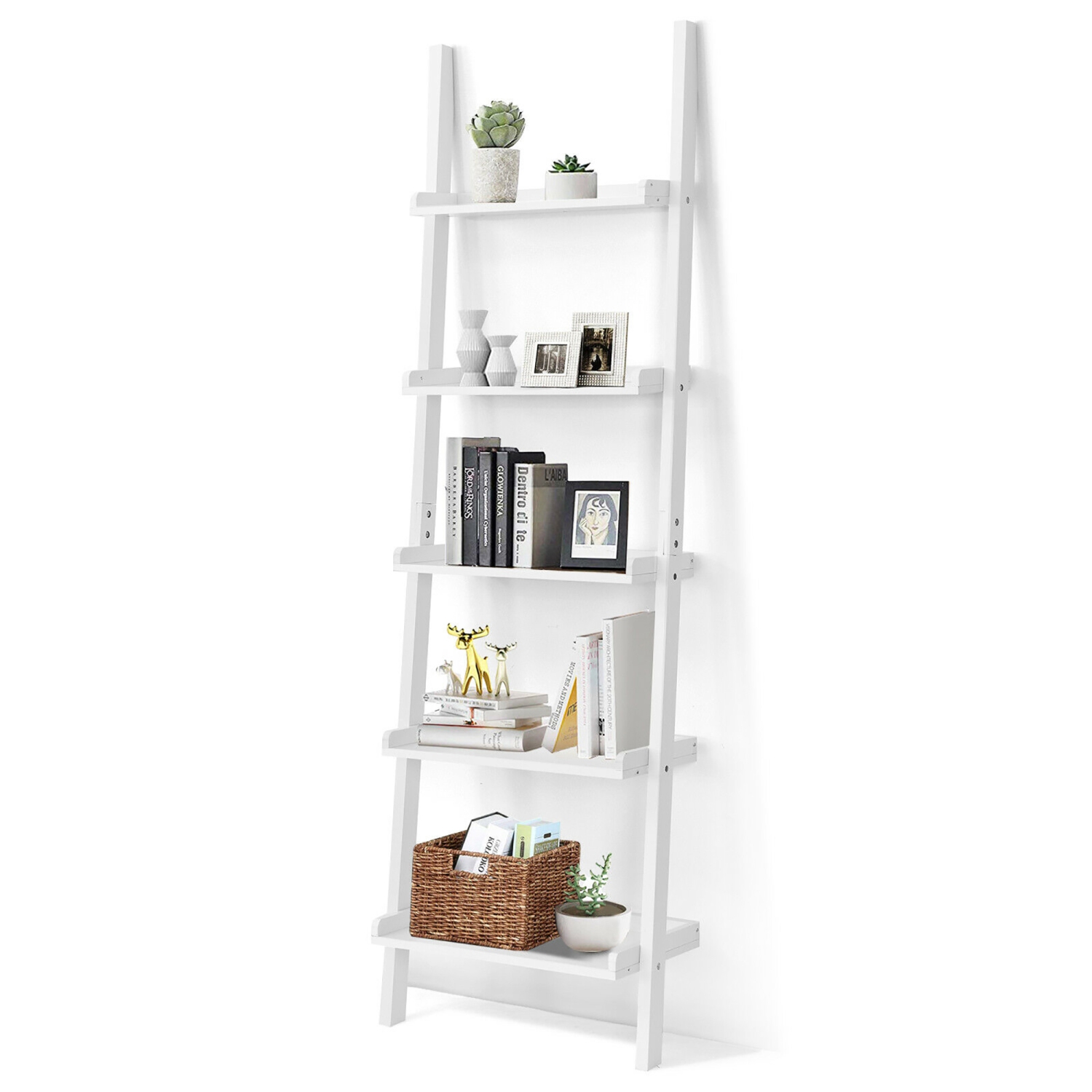 Costway Ladder Shelf 5-Tier Plant Stand Wall-leaning Bookcase Display Rack White
